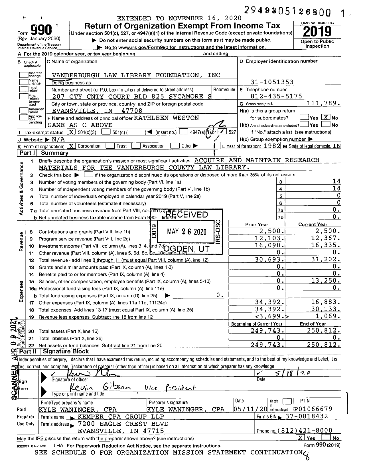 Image of first page of 2019 Form 990 for Vanderburgh Law Library Foundation