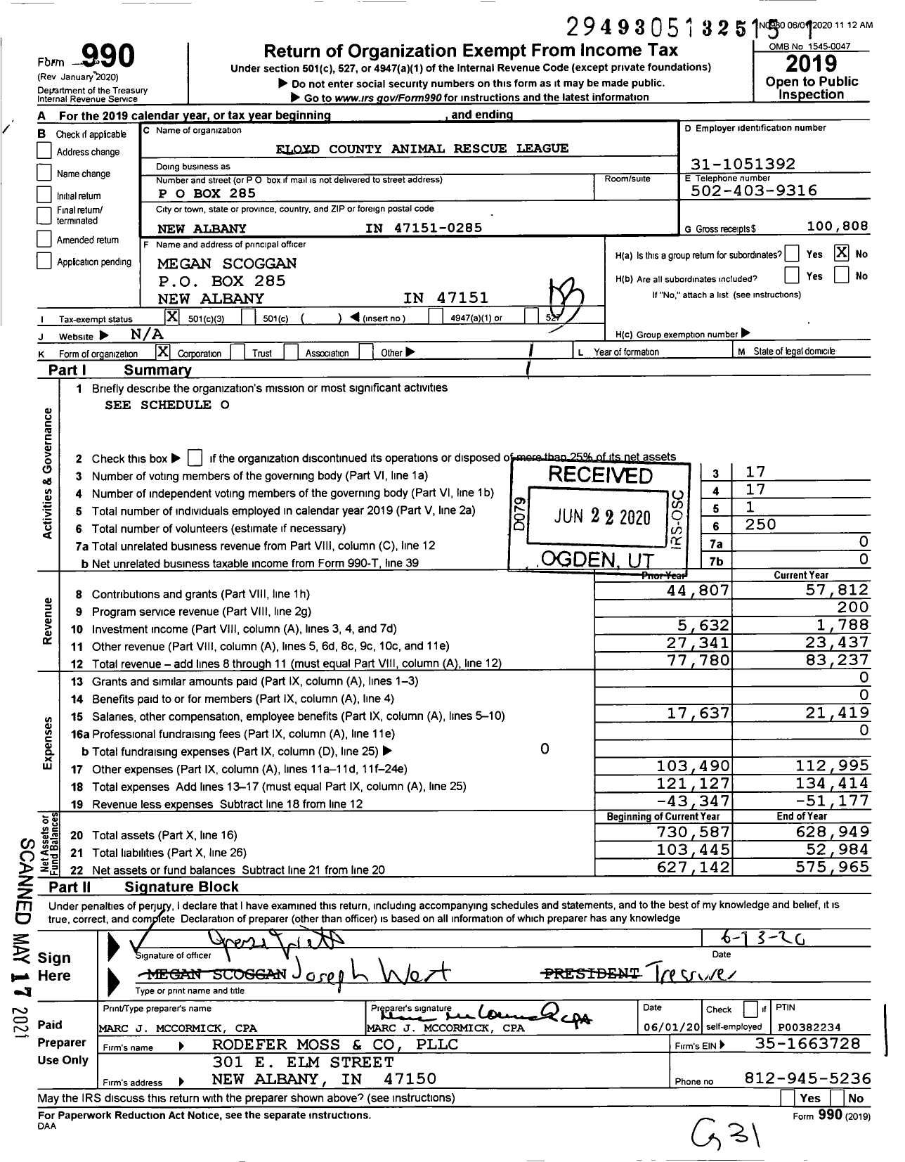 Image of first page of 2019 Form 990 for Floyd County Animal Rescue League