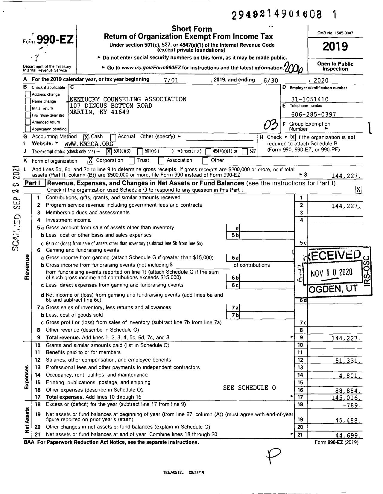 Image of first page of 2019 Form 990EZ for Kentucky Counseling Association