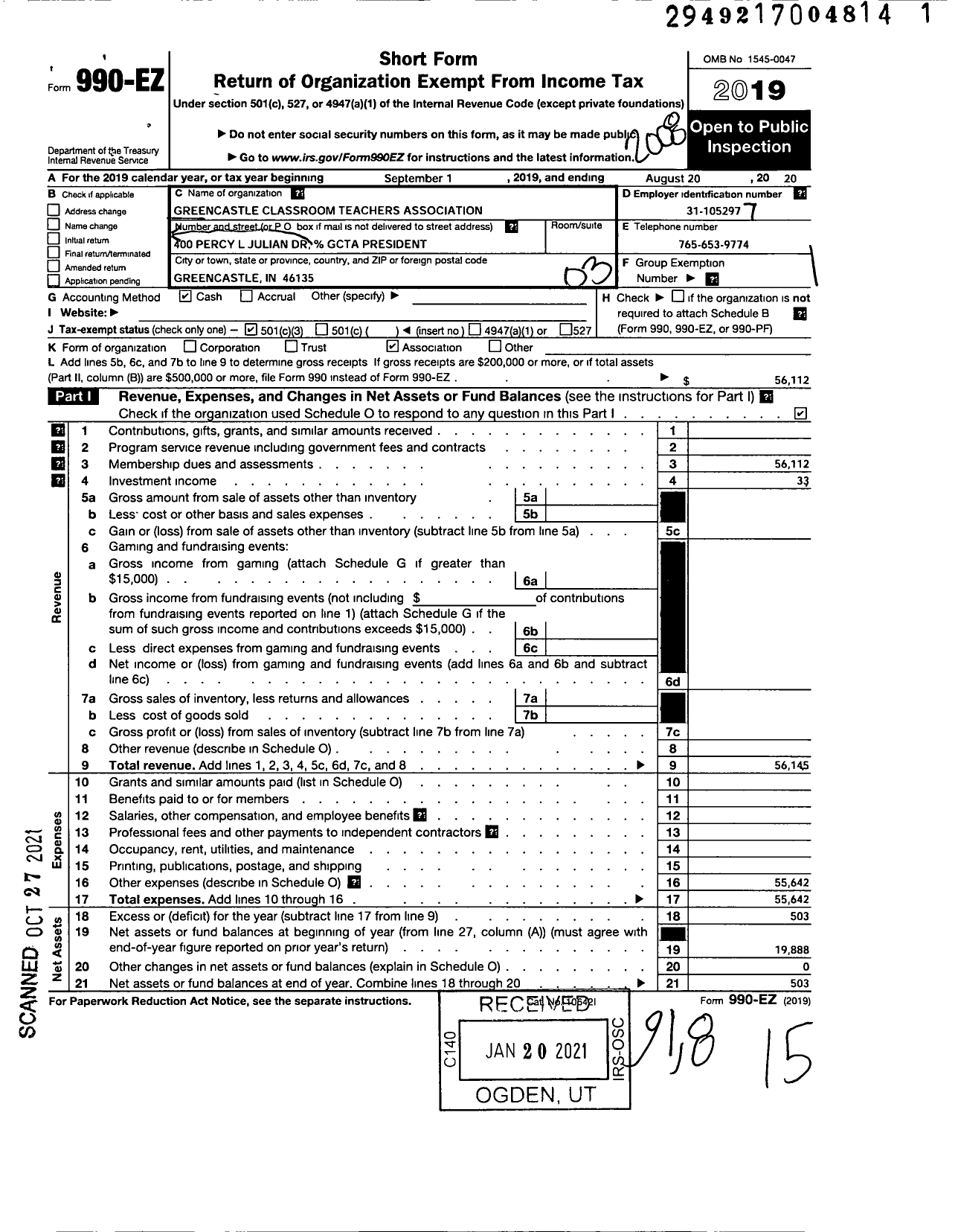 Image of first page of 2019 Form 990EZ for Greencastle Classroom Teachers Association