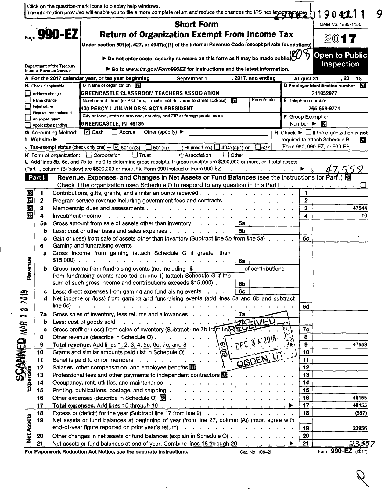 Image of first page of 2017 Form 990EZ for Greencastle Classroom Teachers Association