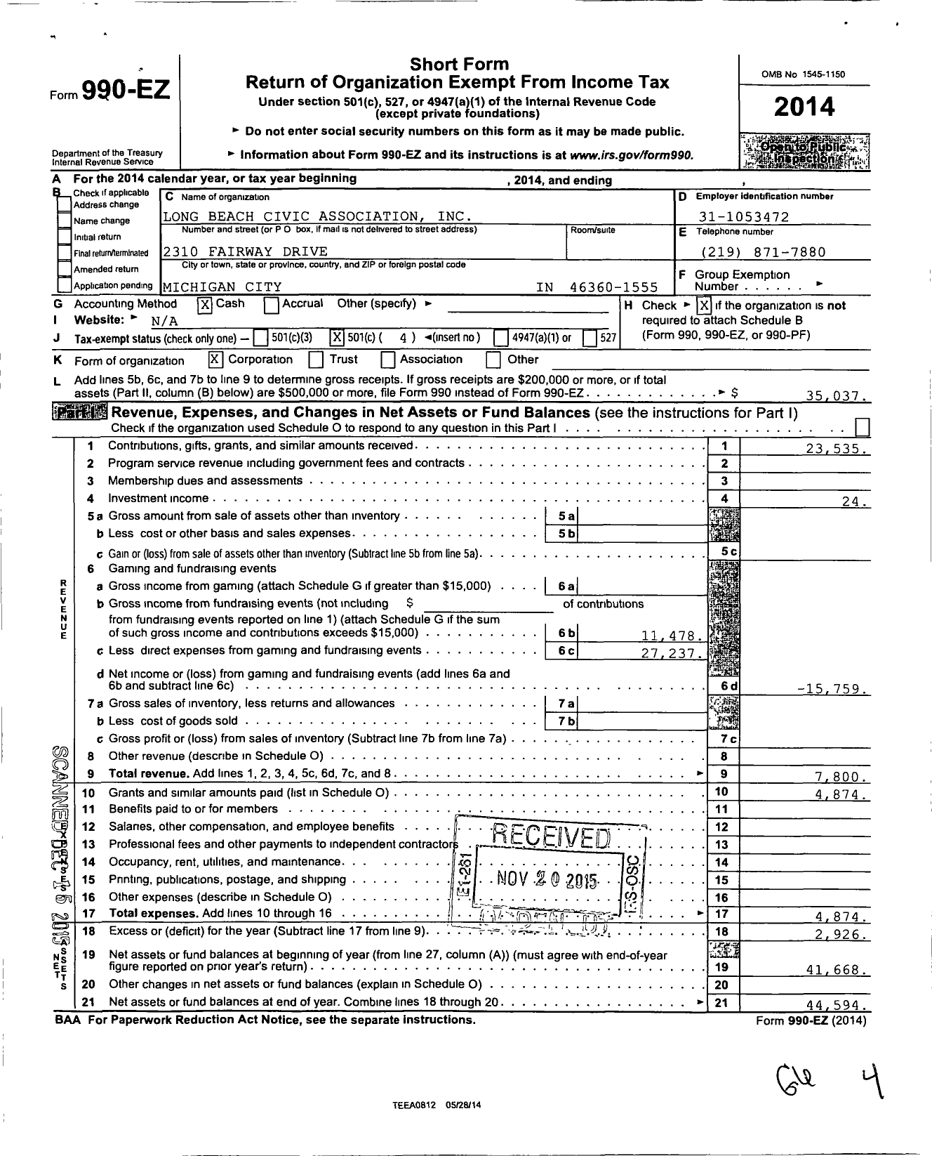 Image of first page of 2014 Form 990EO for Long Beach Civic Association