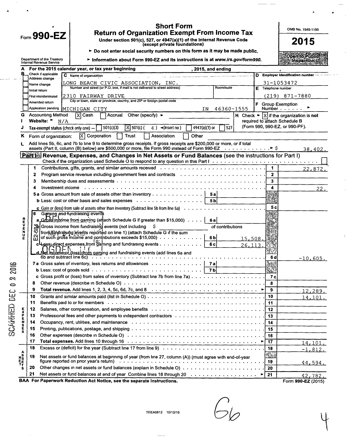Image of first page of 2015 Form 990EO for Long Beach Civic Association