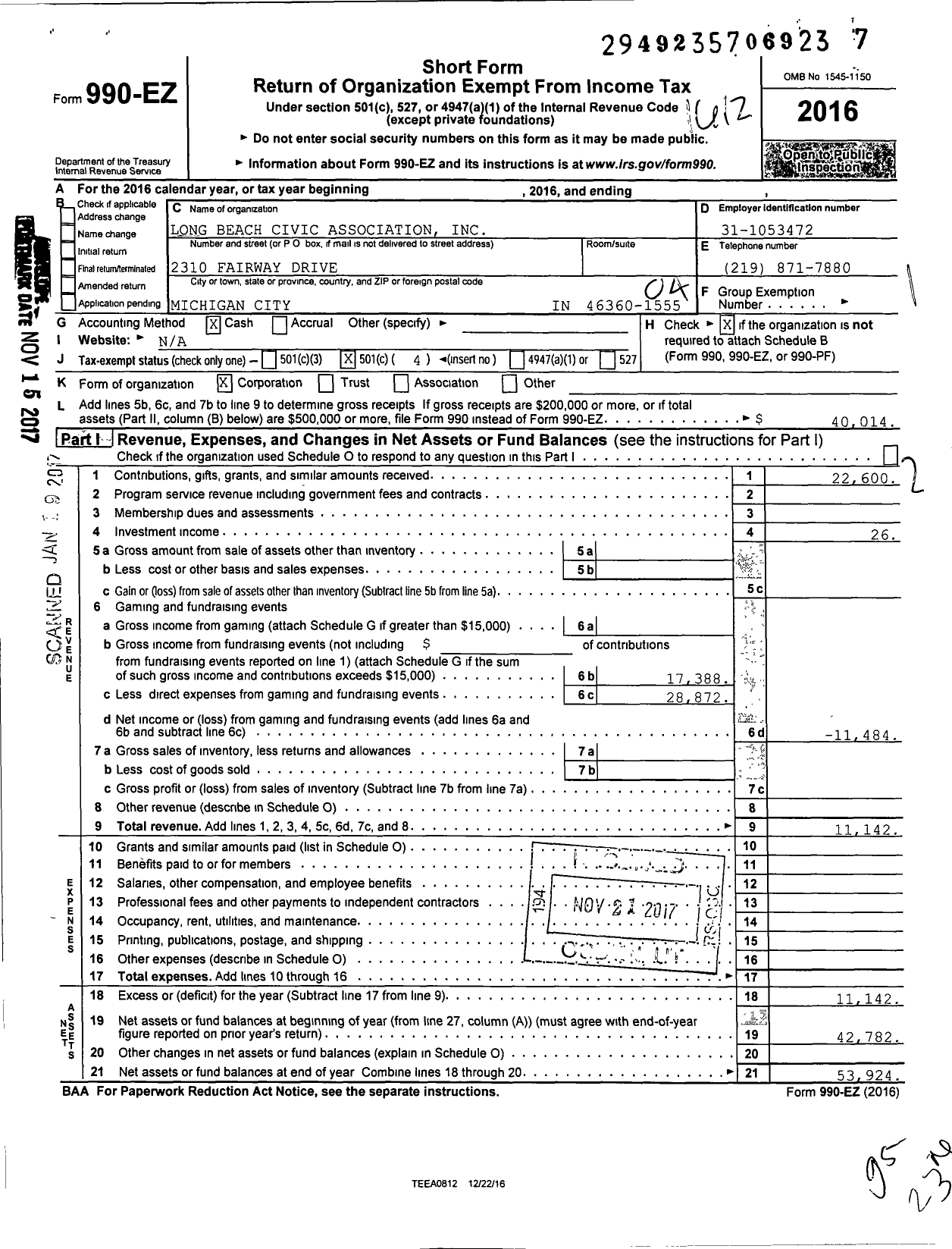 Image of first page of 2016 Form 990EO for Long Beach Civic Association