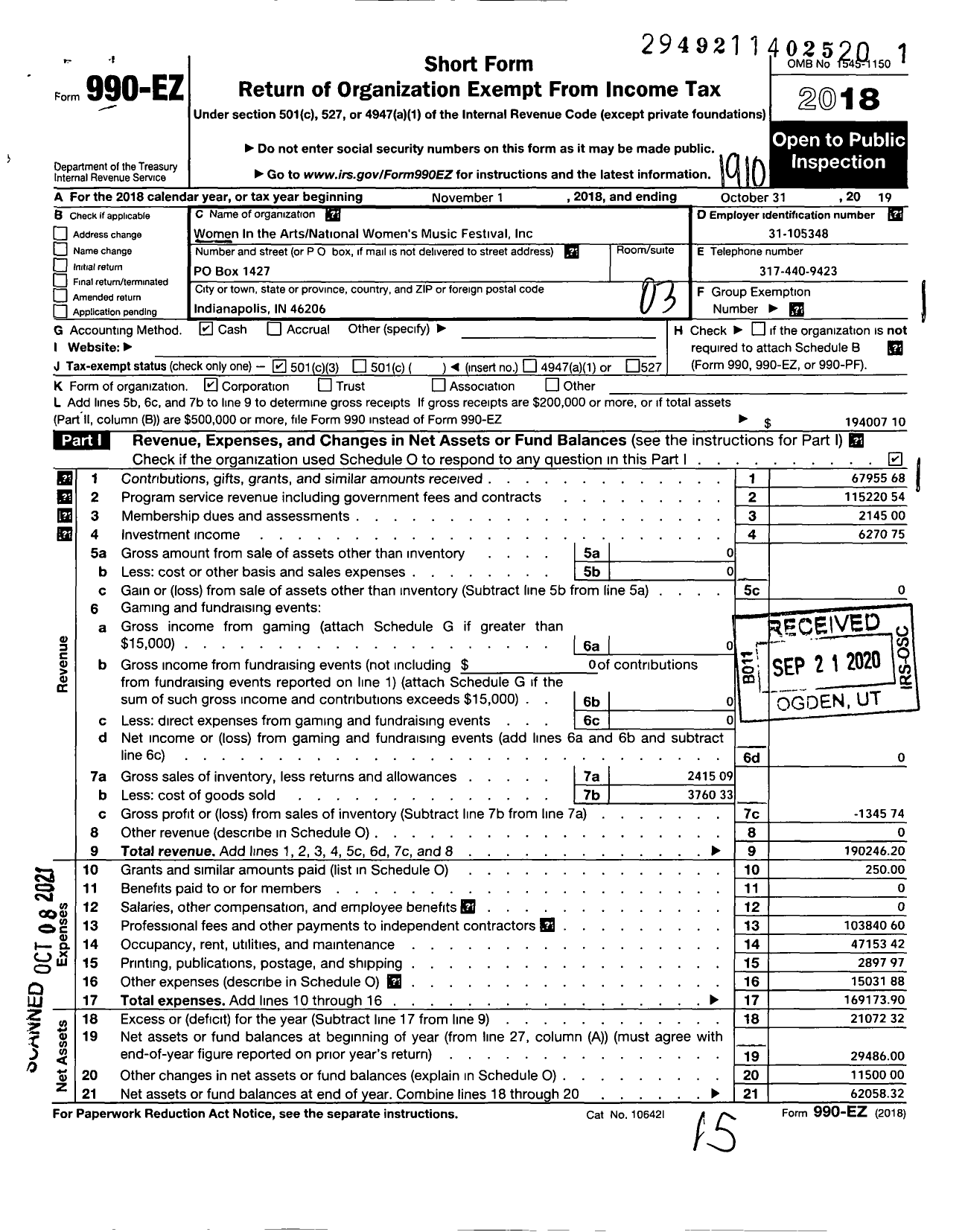 Image of first page of 2018 Form 990EZ for Women In the Arts Inc National Womens Music Festival