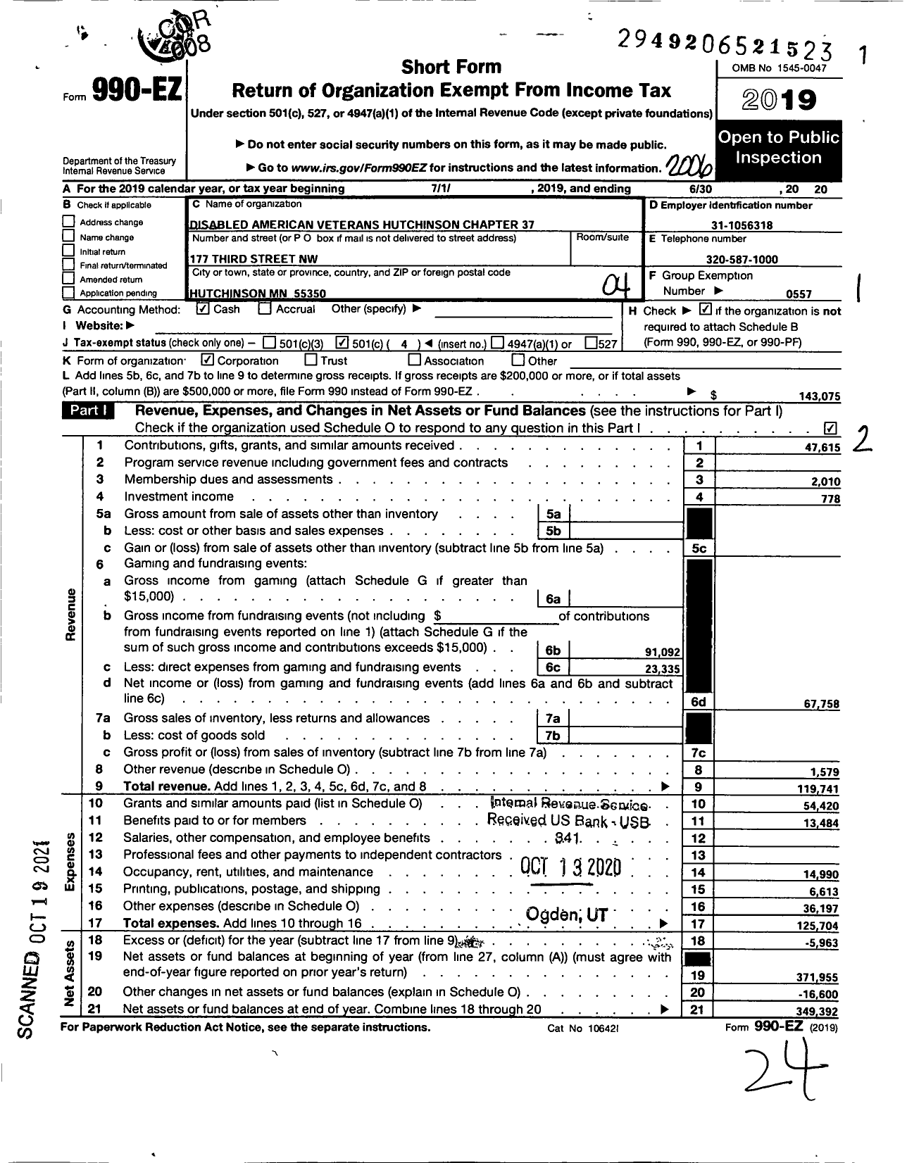 Image of first page of 2019 Form 990EO for Disabled American Veterans - 37 Hutchinson