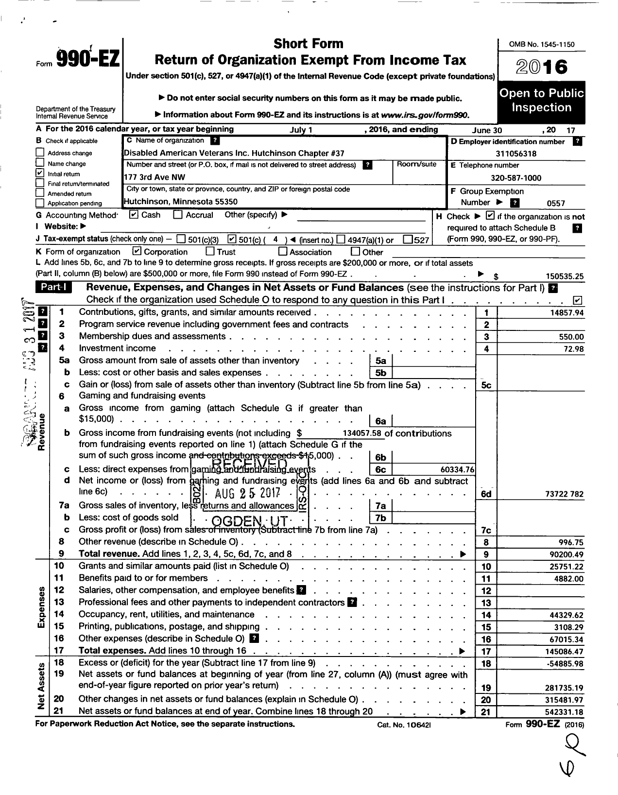 Image of first page of 2016 Form 990EO for Disabled American Veterans - 37 Hutchinson