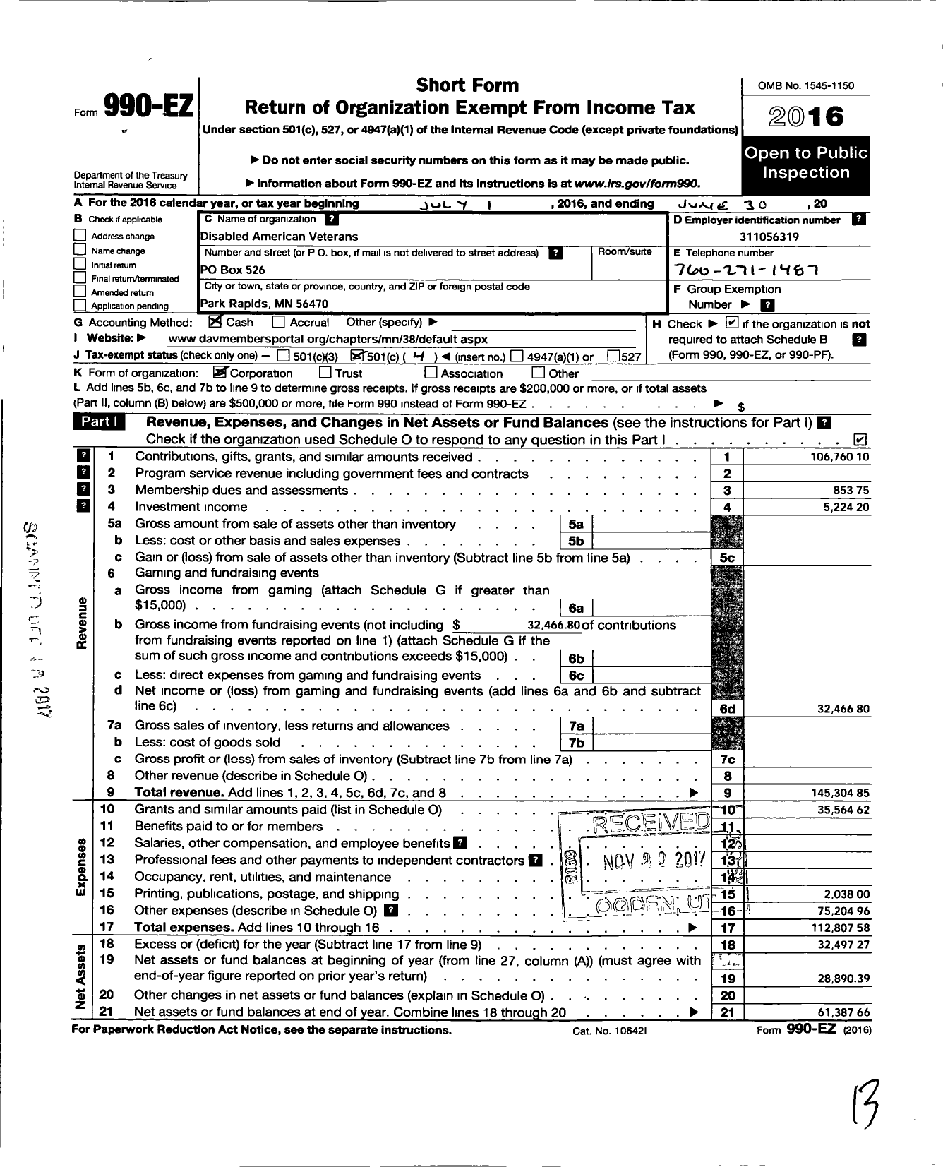 Image of first page of 2015 Form 990EO for Disabled American Veterans - 38 Park Rapids