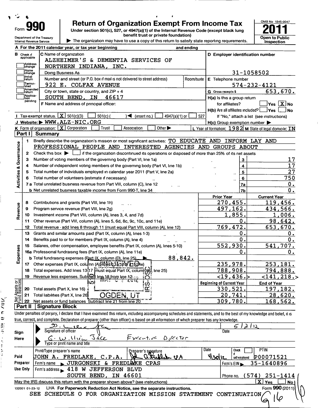 Image of first page of 2011 Form 990 for Alzheimers and Dementia Service of Northern Indiana