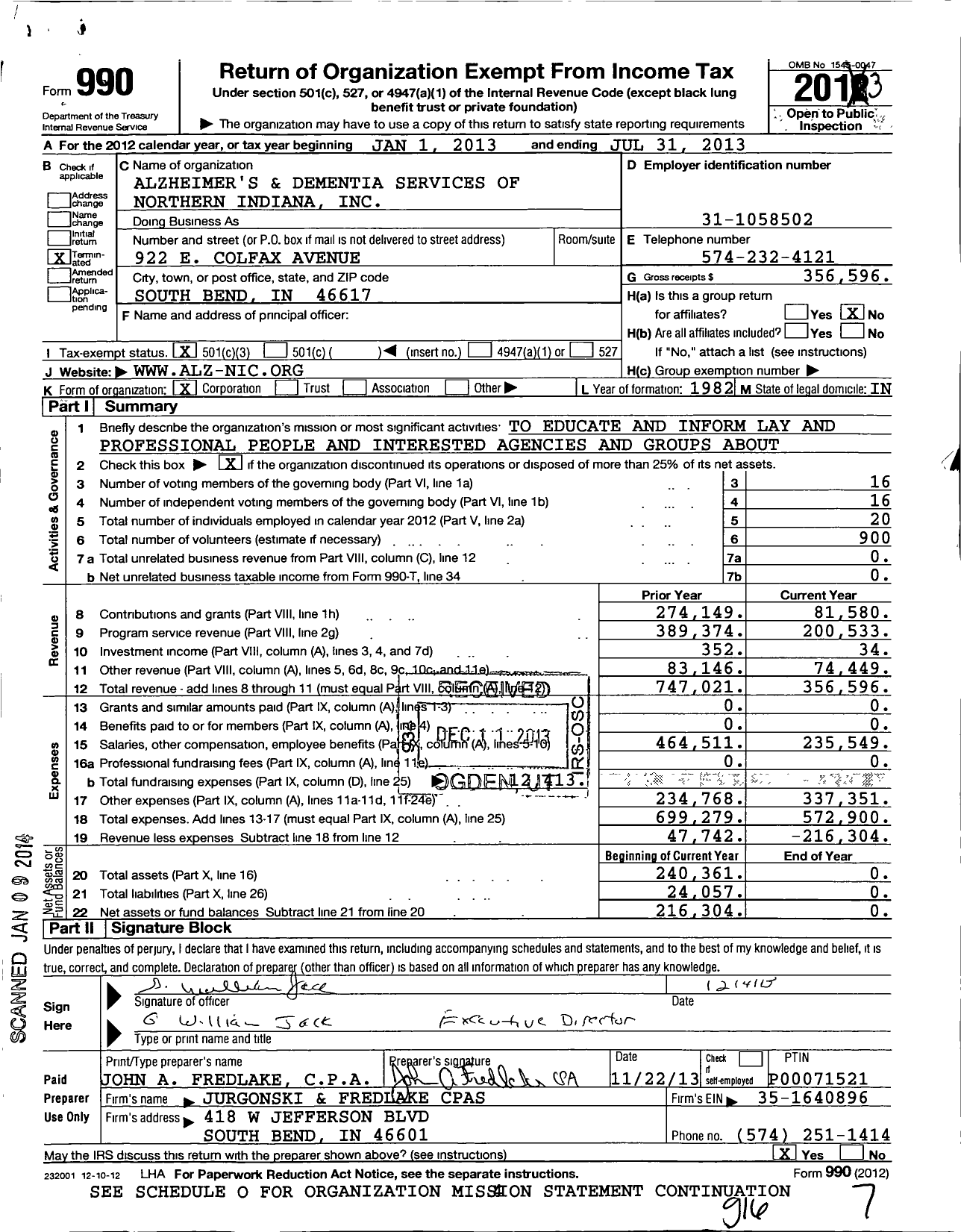 Image of first page of 2012 Form 990 for Alzheimers and Dementia Service of Northern Indiana