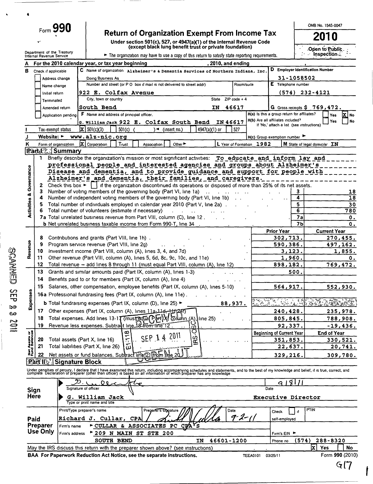 Image of first page of 2010 Form 990 for Alzheimers and Dementia Service of Northern Indiana