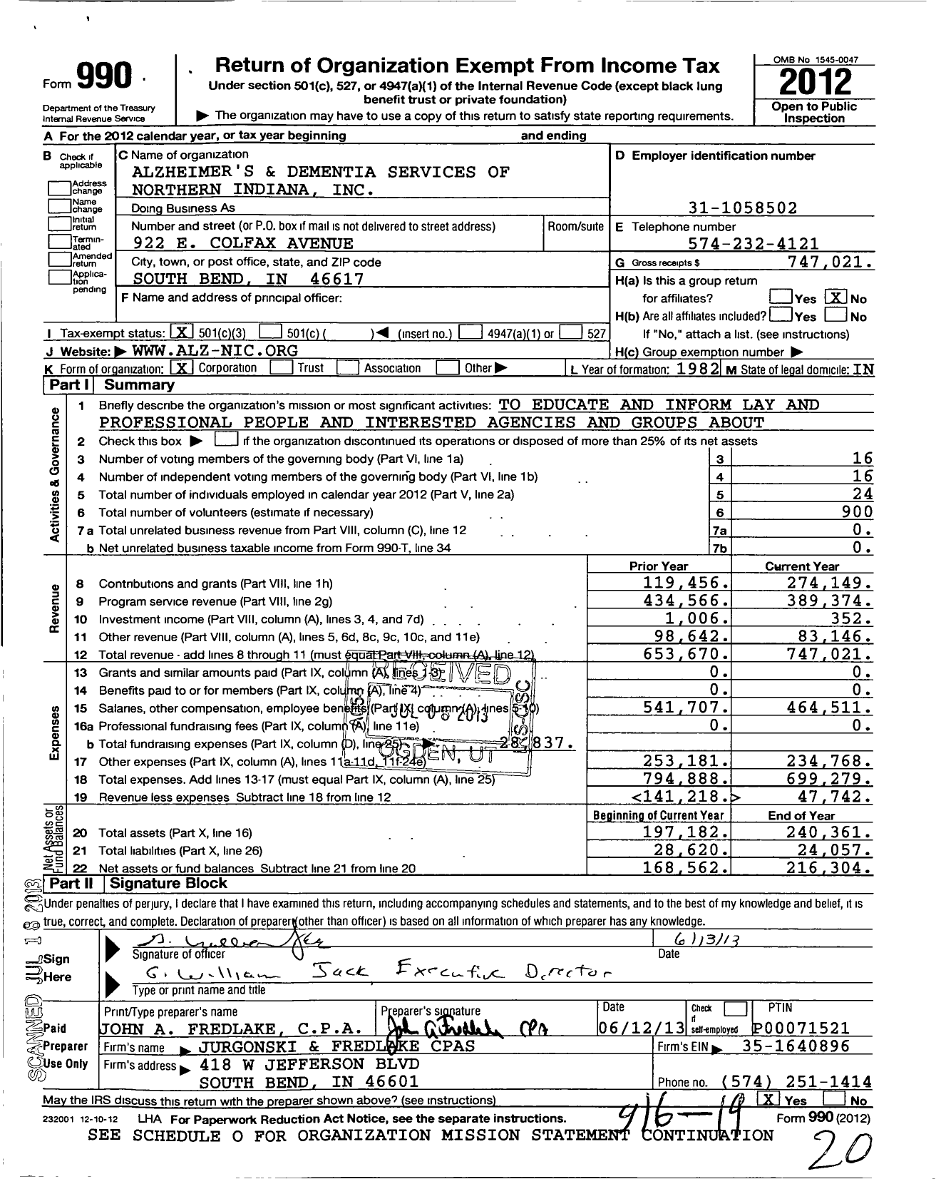 Image of first page of 2012 Form 990 for Alzheimers and Dementia Service of Northern Indiana