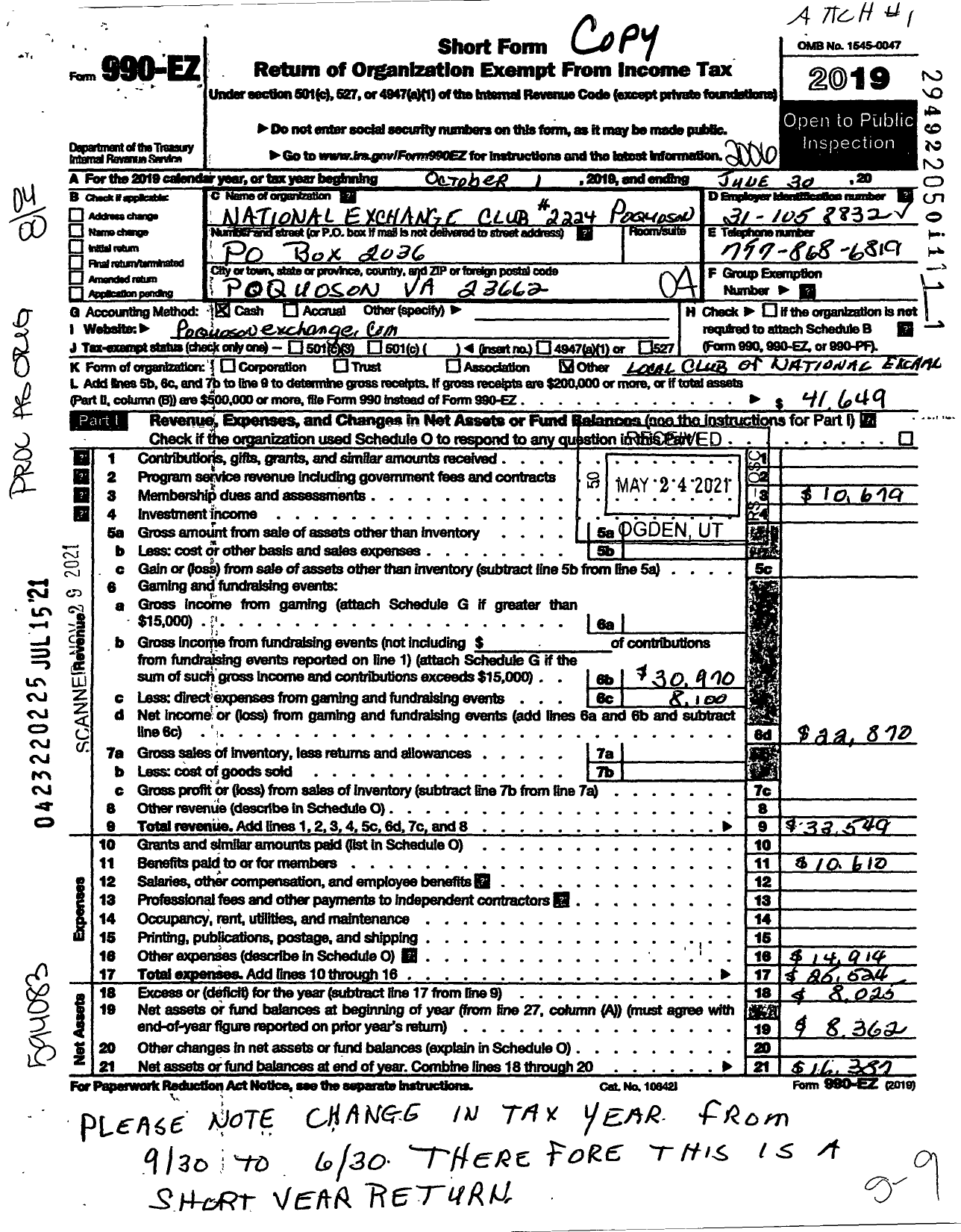 Image of first page of 2019 Form 990EO for National Exchange Club - 2224 Poquoson Va