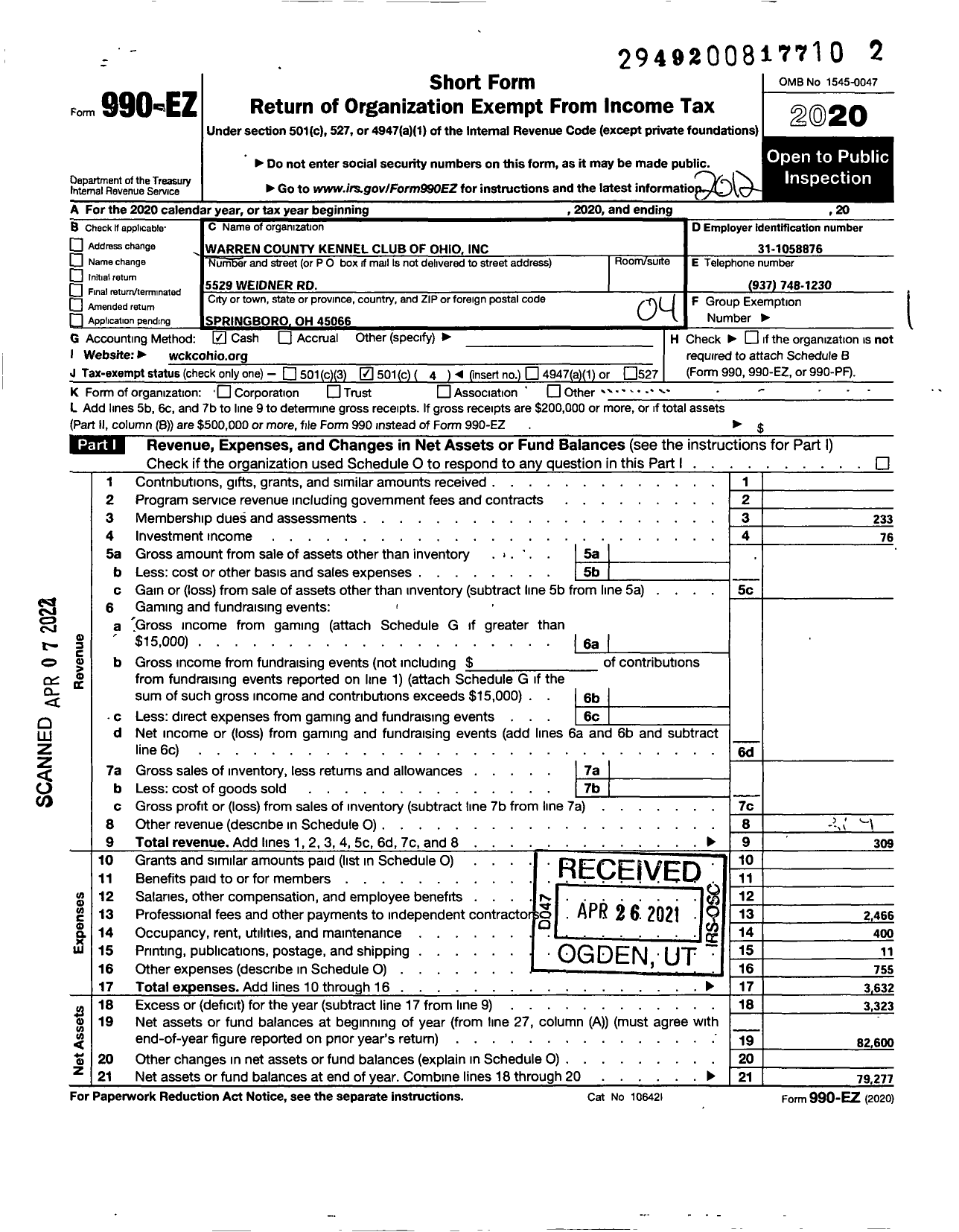 Image of first page of 2020 Form 990EO for Warren County Kennel Club of Ohio