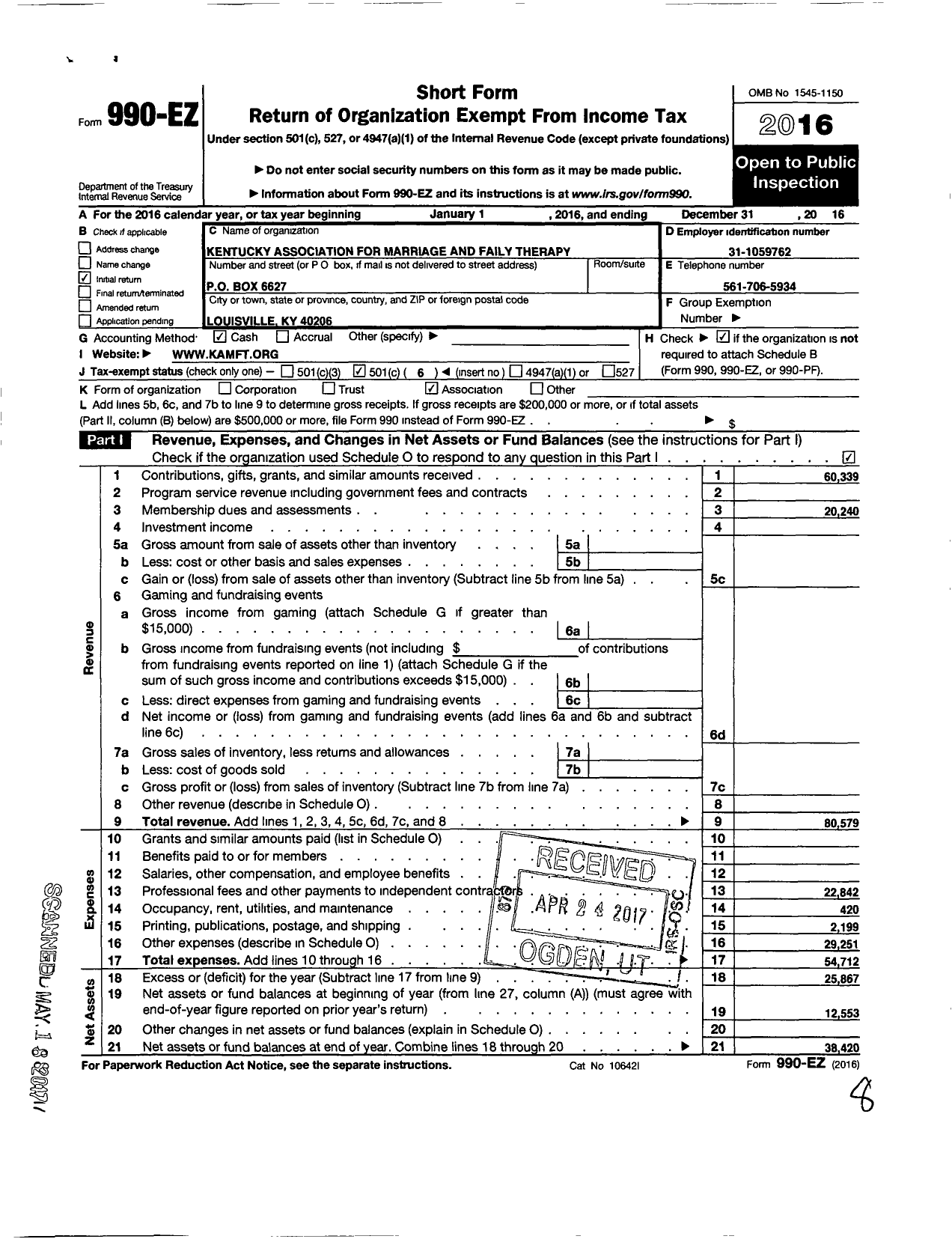 Image of first page of 2016 Form 990EO for Kentucky Association for Marriage and Family Therapy