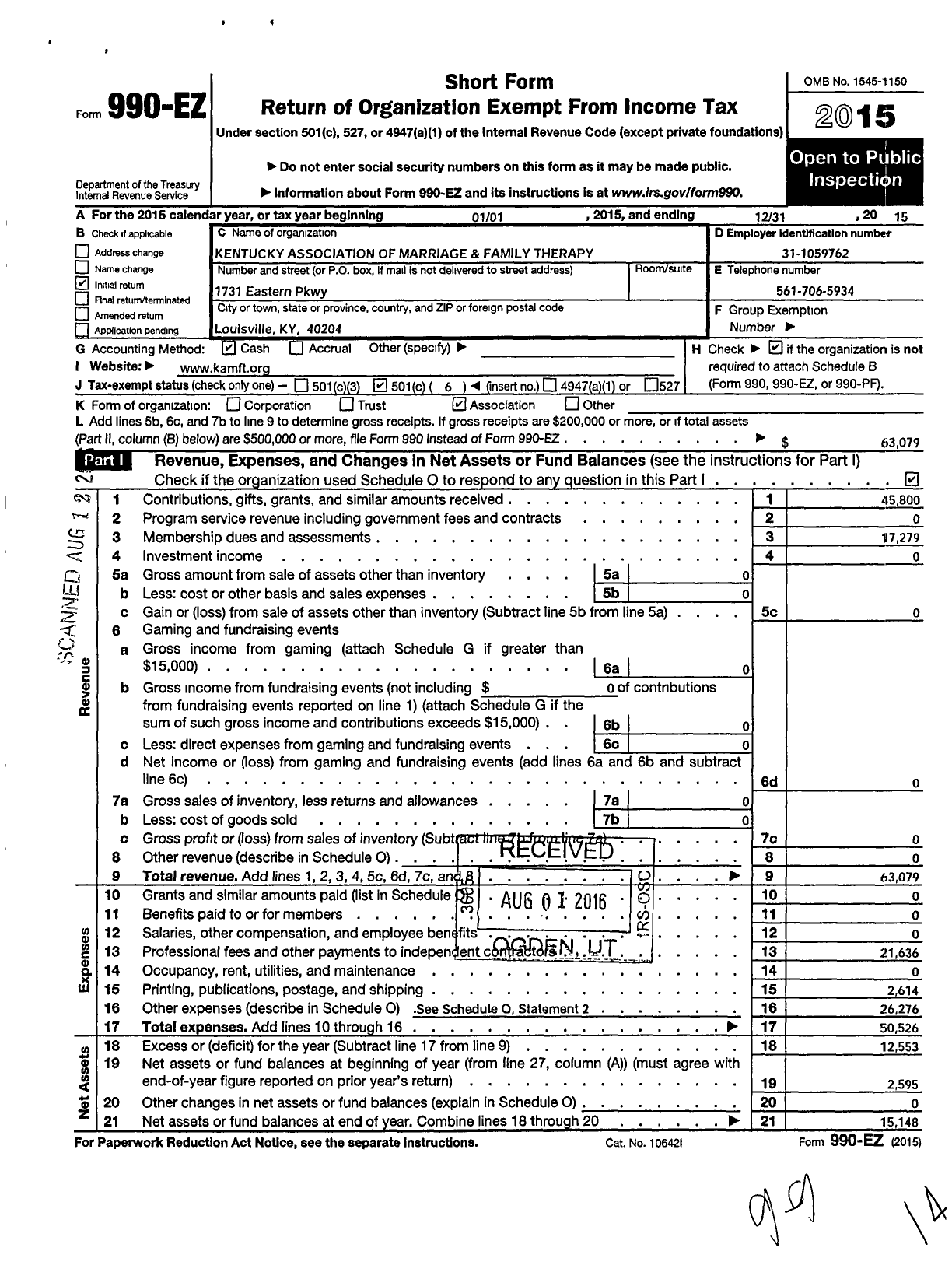 Image of first page of 2015 Form 990EO for Kentucky Association for Marriage and Family Therapy