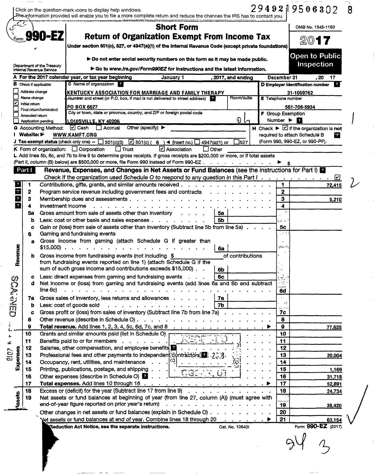 Image of first page of 2017 Form 990EO for Kentucky Association for Marriage and Family Therapy