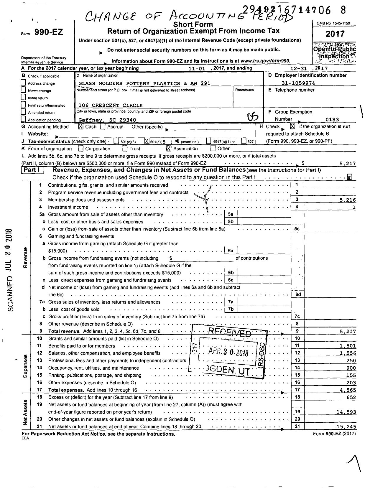 Image of first page of 2017 Form 990EO for United Steelworkers - 00291m Local