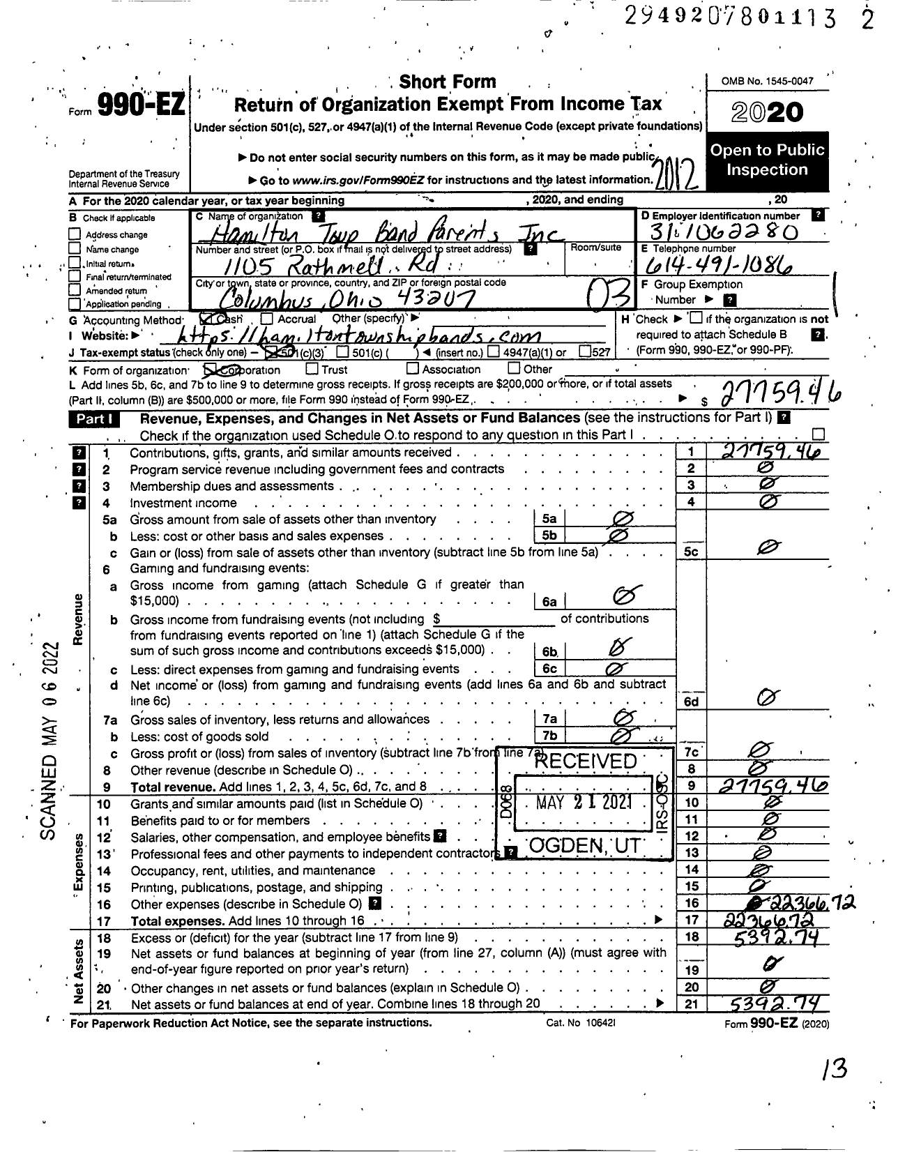 Image of first page of 2020 Form 990EZ for Hamilton Township Band Parents