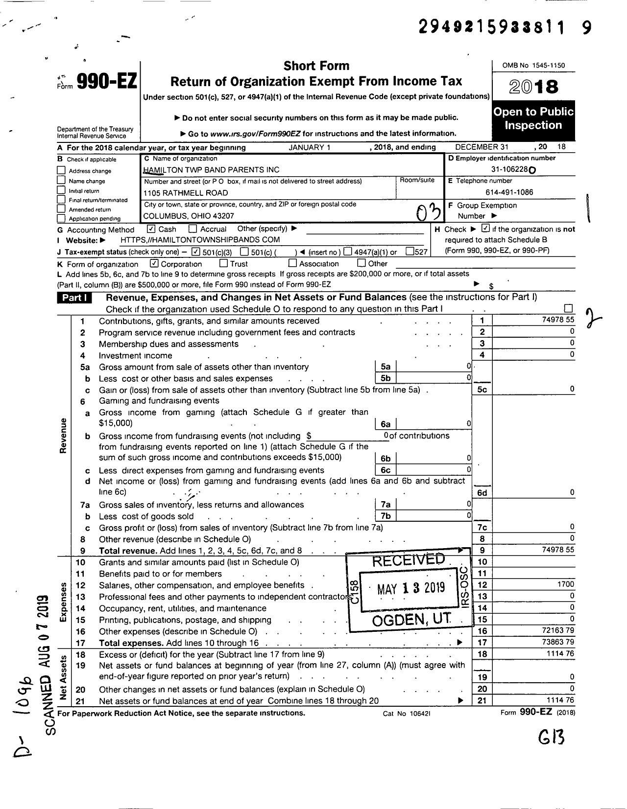 Image of first page of 2018 Form 990EZ for Hamilton Township Band Parents