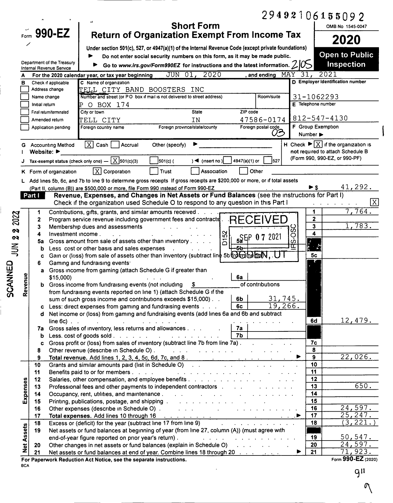 Image of first page of 2020 Form 990EZ for Tell City Band Boosters