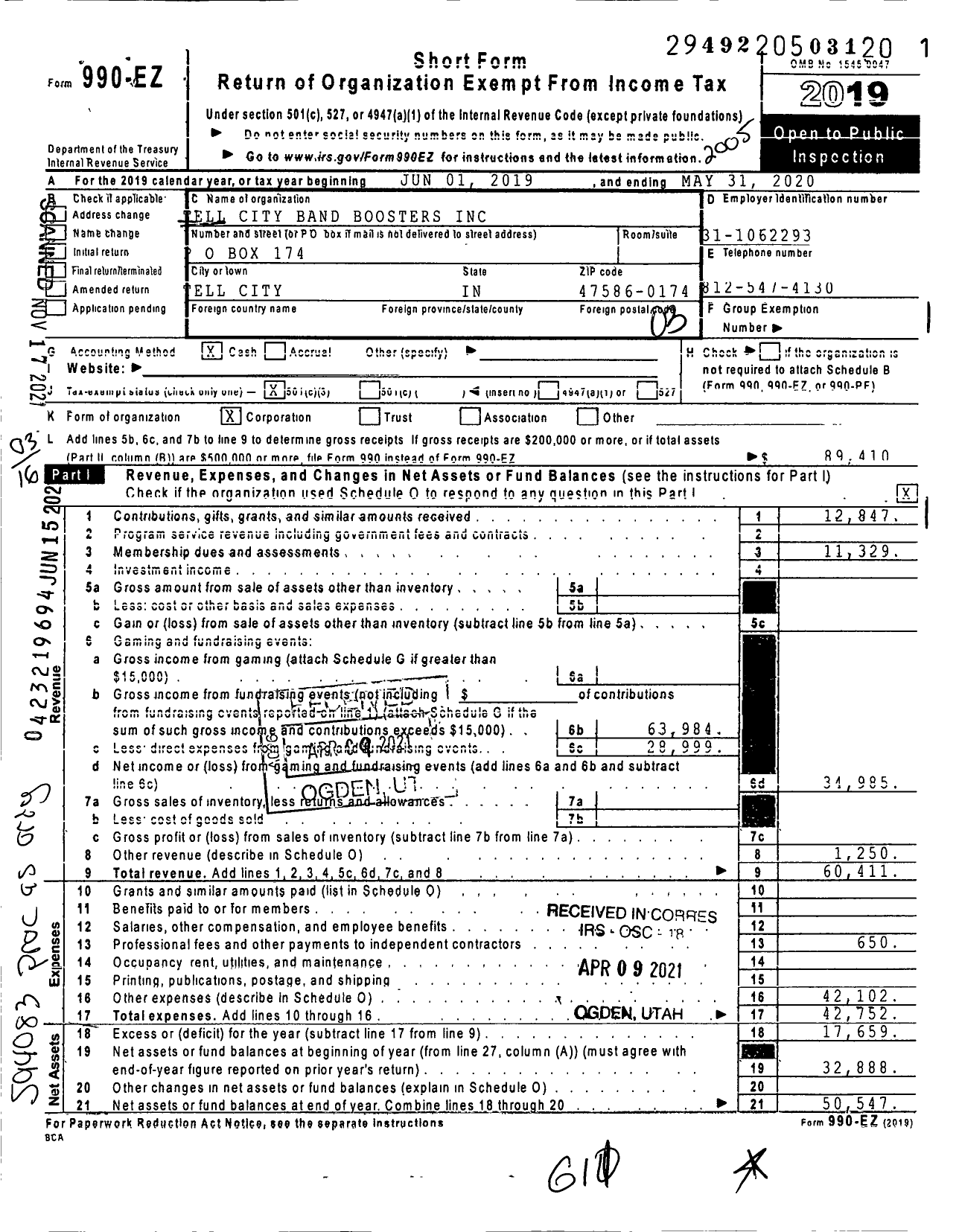 Image of first page of 2019 Form 990EZ for Tell City Band Boosters