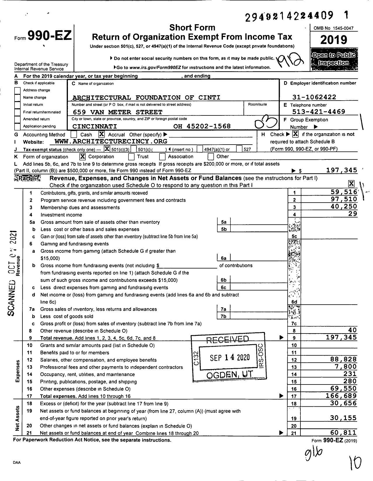 Image of first page of 2019 Form 990EZ for Architectural Foundation of Cincinnati