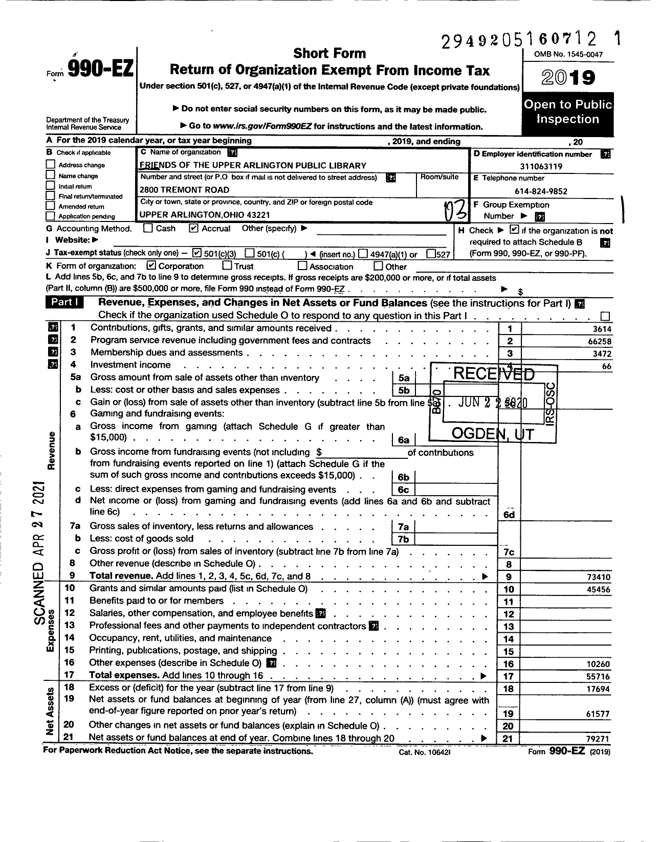 Image of first page of 2019 Form 990EZ for Friends of the Upper Arlington Library