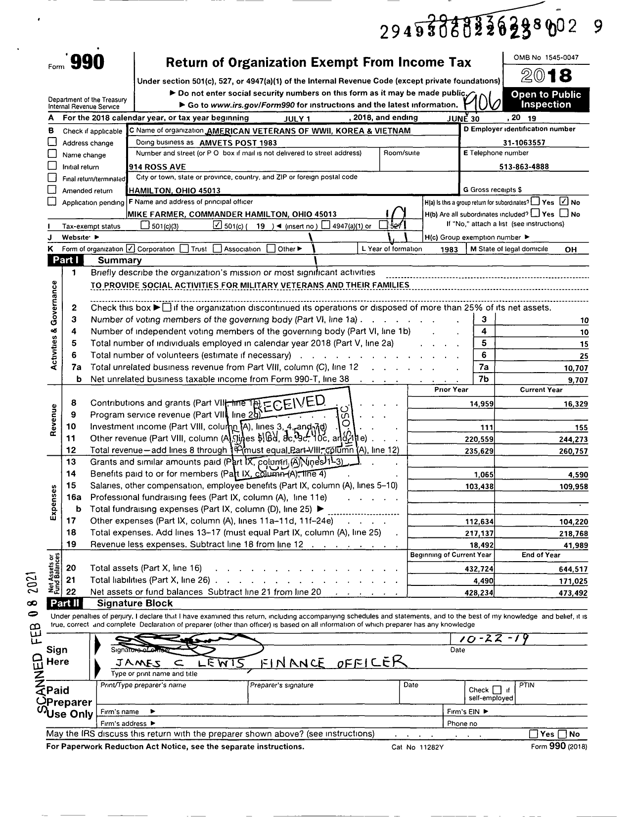 Image of first page of 2018 Form 990O for Amvets - Amvets Post 1983