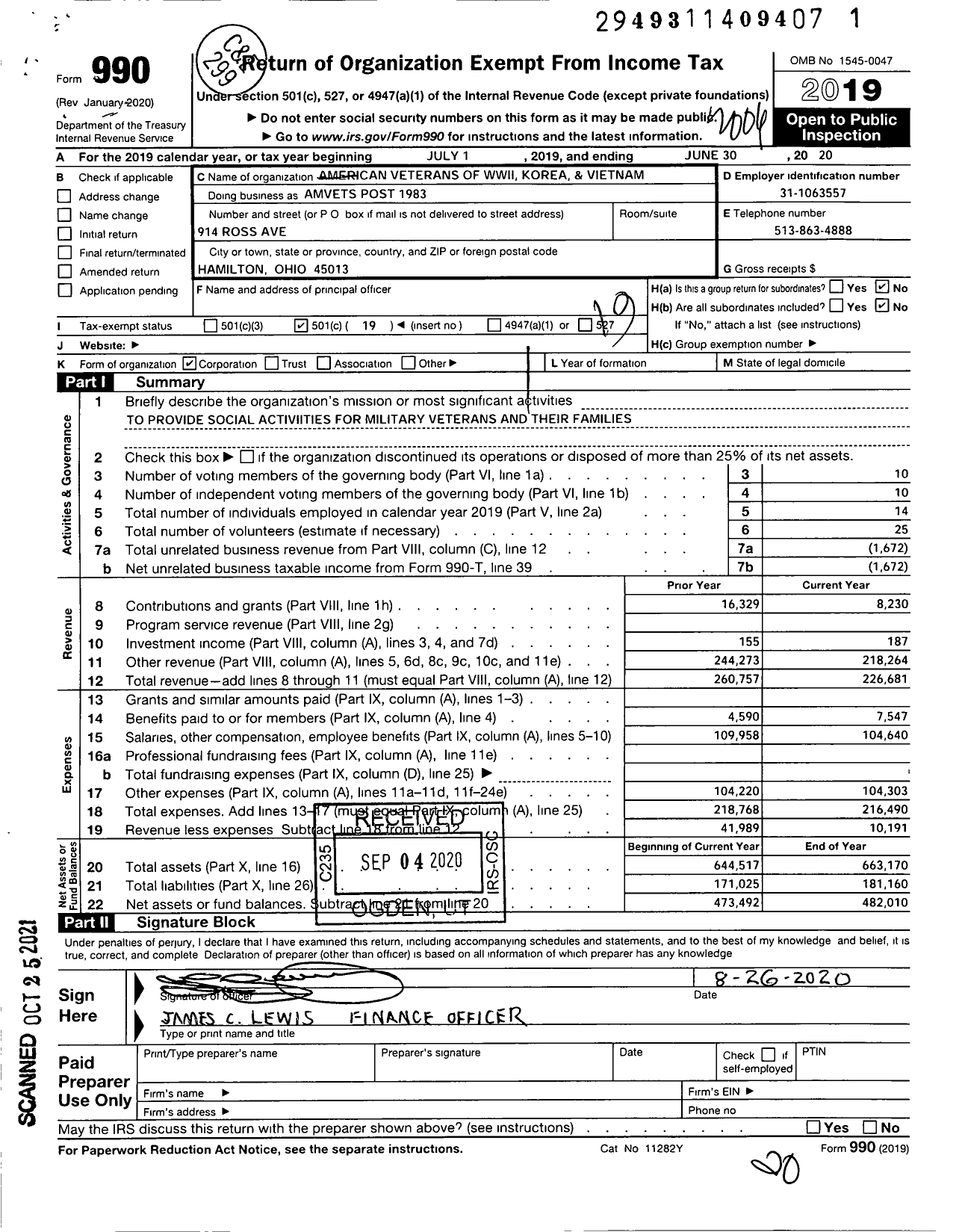 Image of first page of 2019 Form 990O for Amvets - Amvets Post 1983