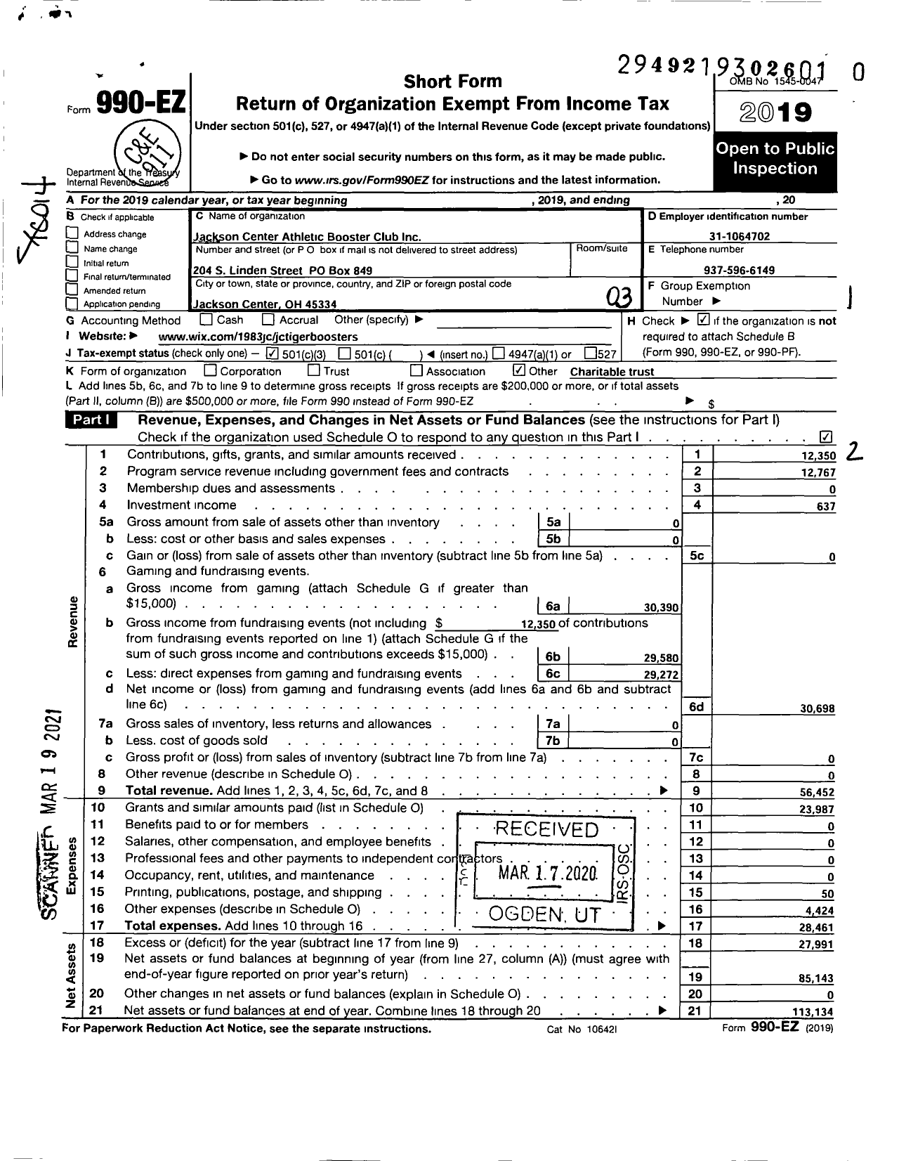 Image of first page of 2019 Form 990EZ for Jackson Center Athletic Booster Club