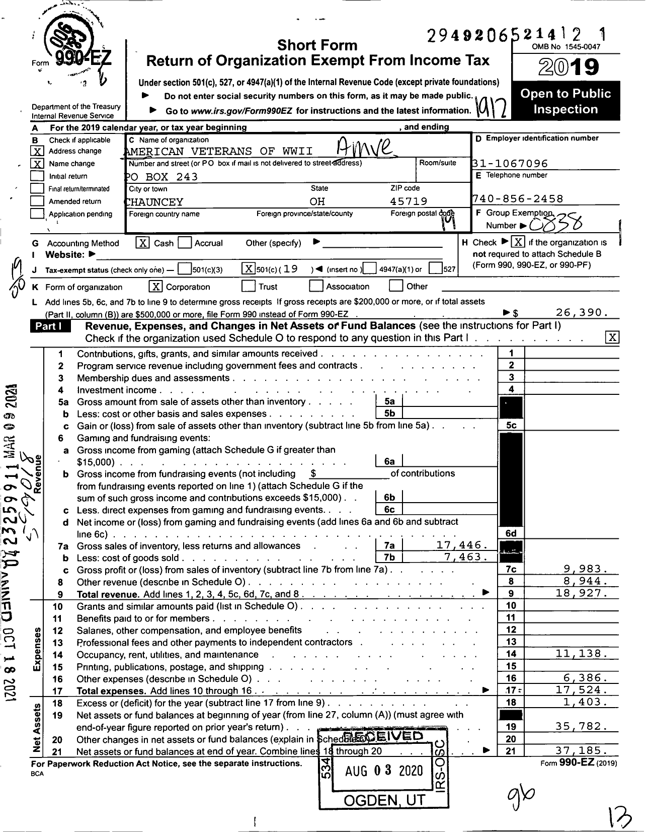 Image of first page of 2019 Form 990EO for American Veterans of Wwii Chauncey Amvets Post 53