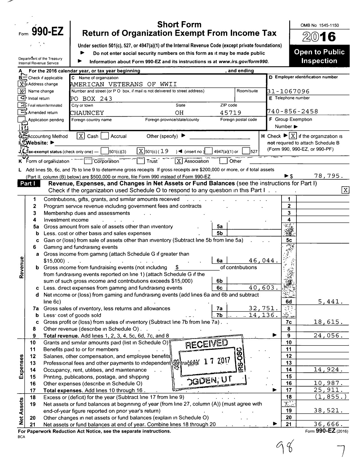 Image of first page of 2016 Form 990EO for American Veterans of Wwii Chauncey Amvets Post 53