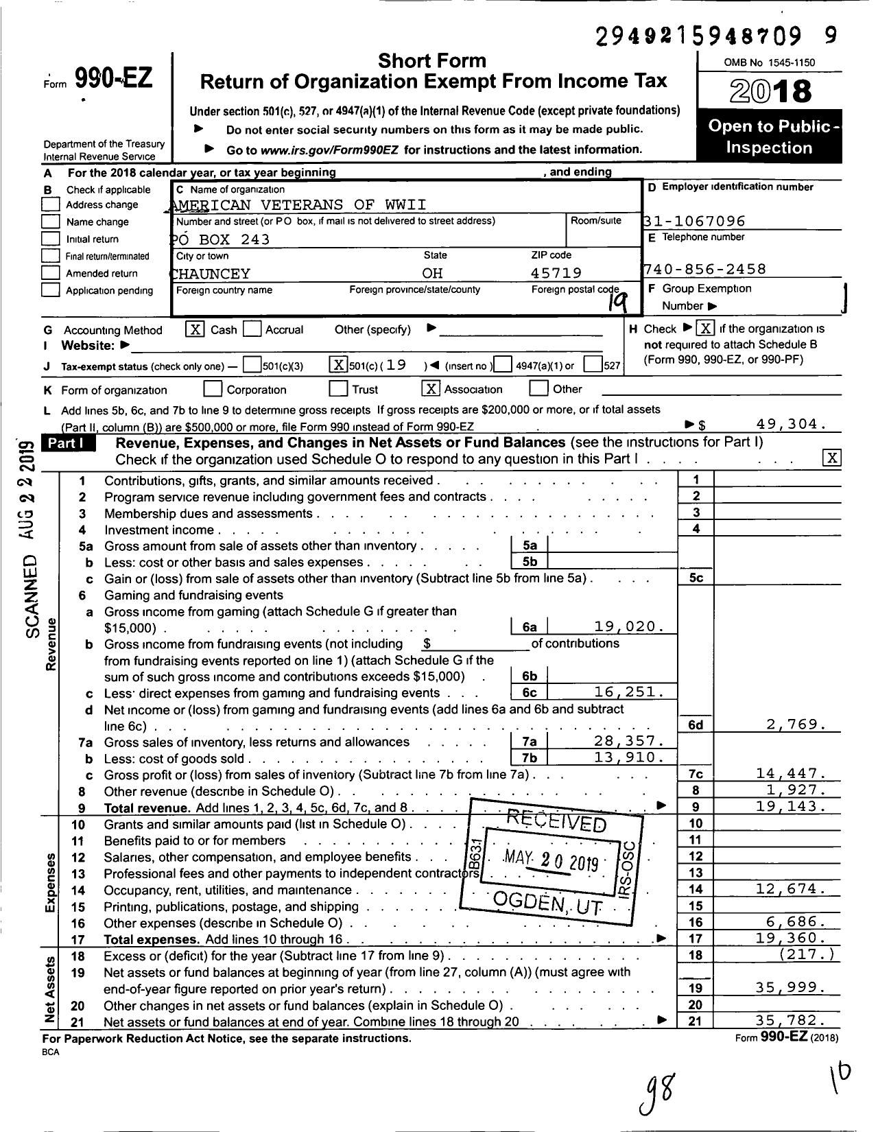 Image of first page of 2018 Form 990EO for American Veterans of Wwii Chauncey Amvets Post 53