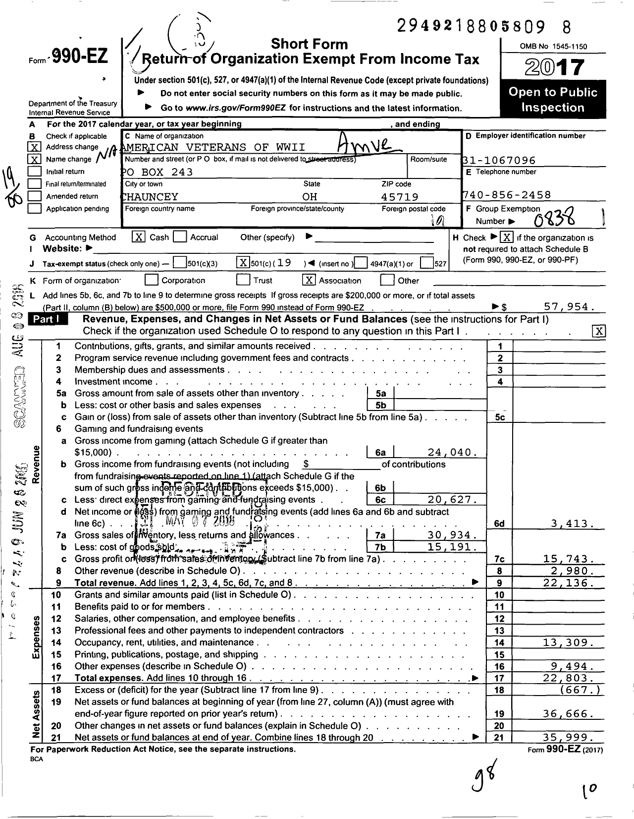 Image of first page of 2017 Form 990EO for American Veterans of Wwii Chauncey Amvets Post 53