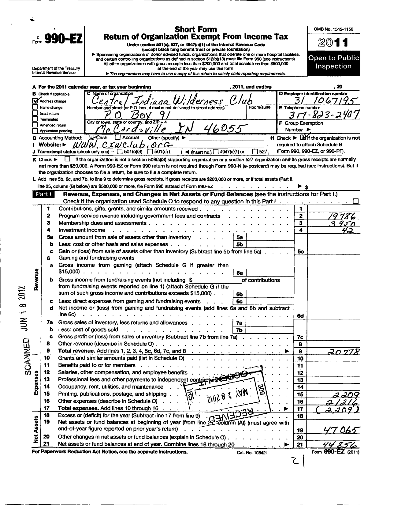 Image of first page of 2011 Form 990EO for Central Indiana Wilderness Club