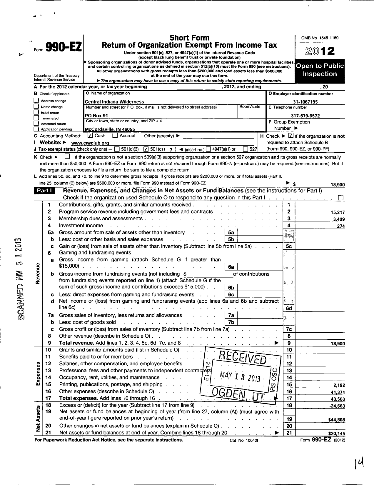 Image of first page of 2012 Form 990EO for Central Indiana Wilderness Club