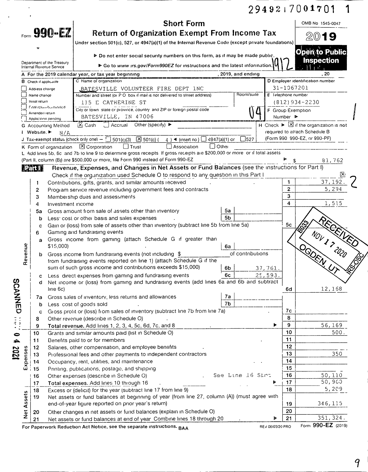 Image of first page of 2019 Form 990EO for Batesville Volunteer Fire Dept