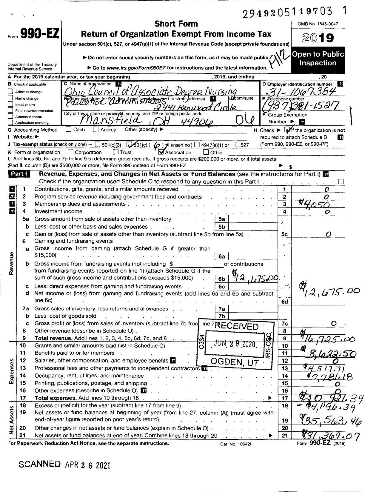 Image of first page of 2019 Form 990EO for Ohio Council of Associate Degree Nursing Education Administrators