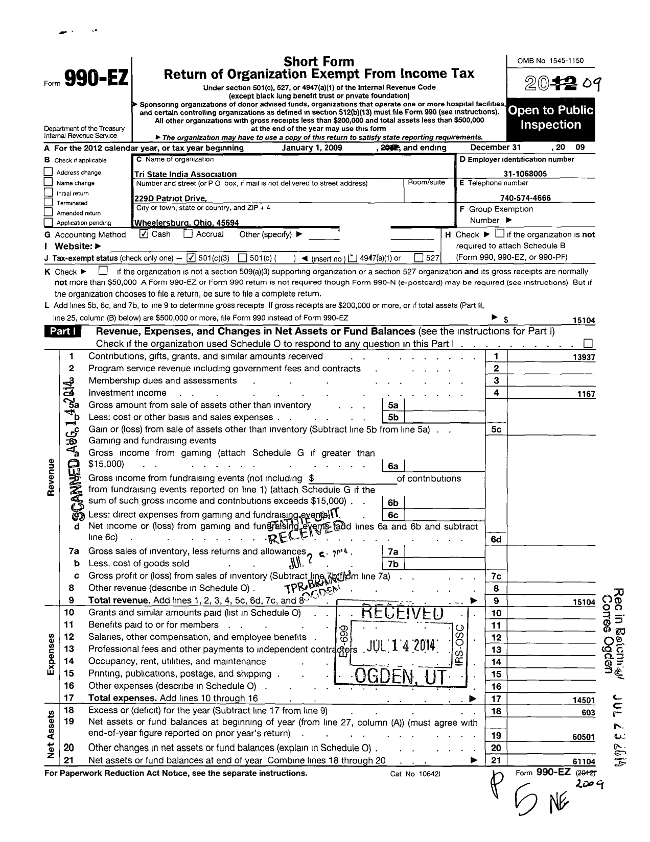Image of first page of 2009 Form 990EZ for Tri State India Association
