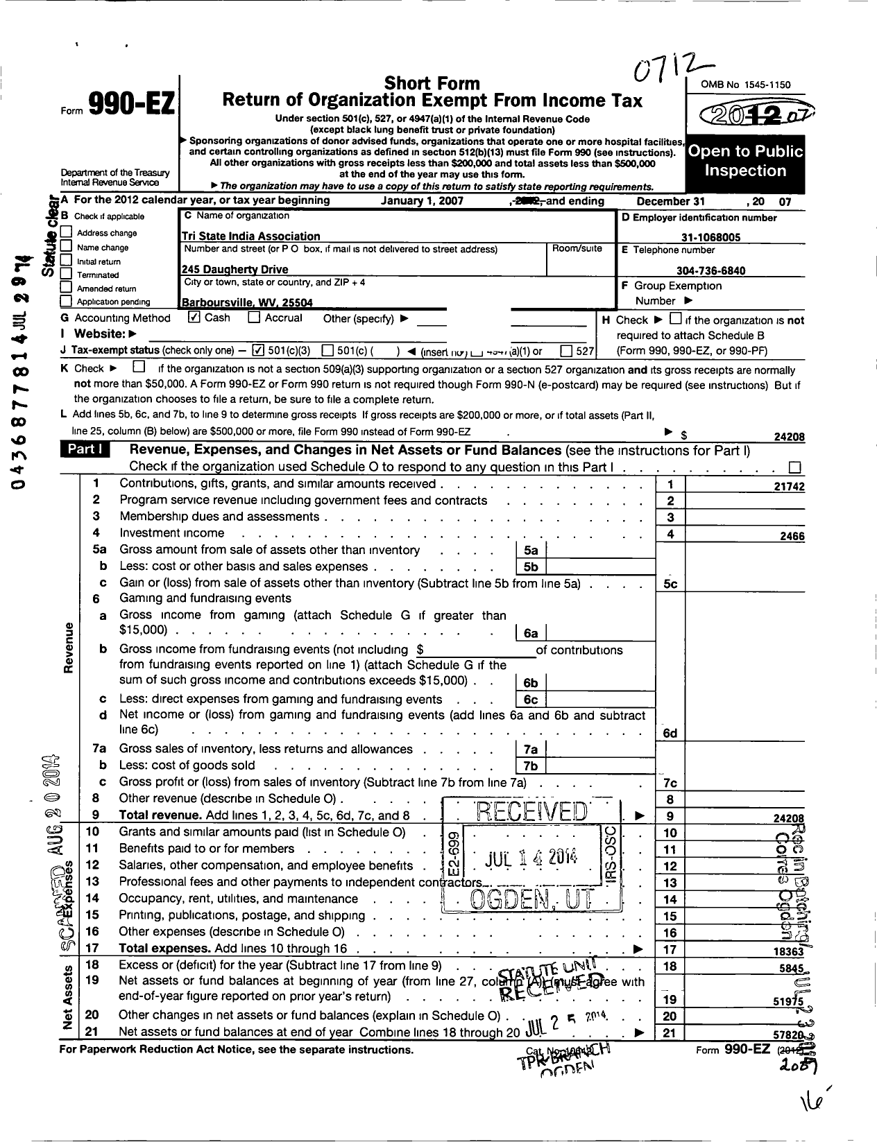 Image of first page of 2007 Form 990EZ for Tri State India Association