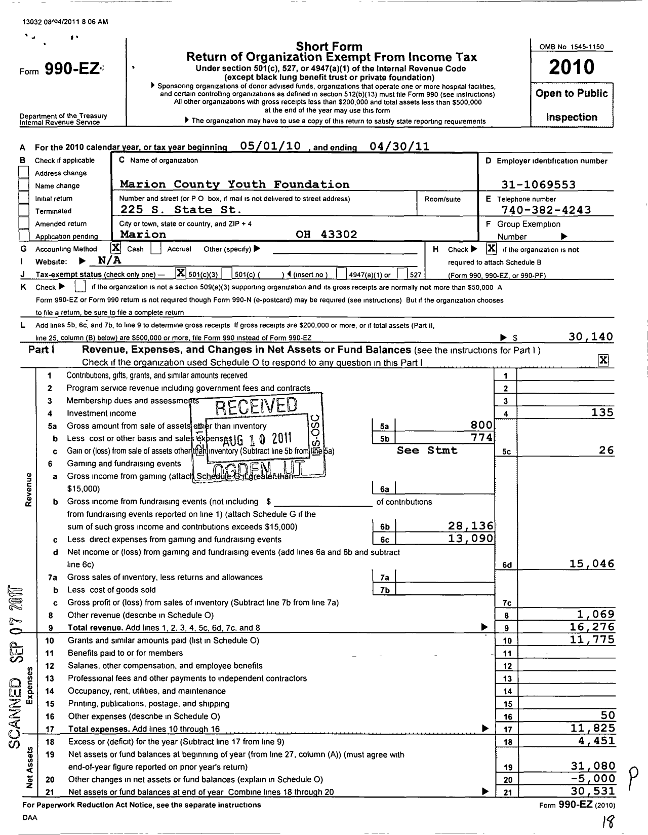 Image of first page of 2010 Form 990EZ for Marion County Youth Foundation