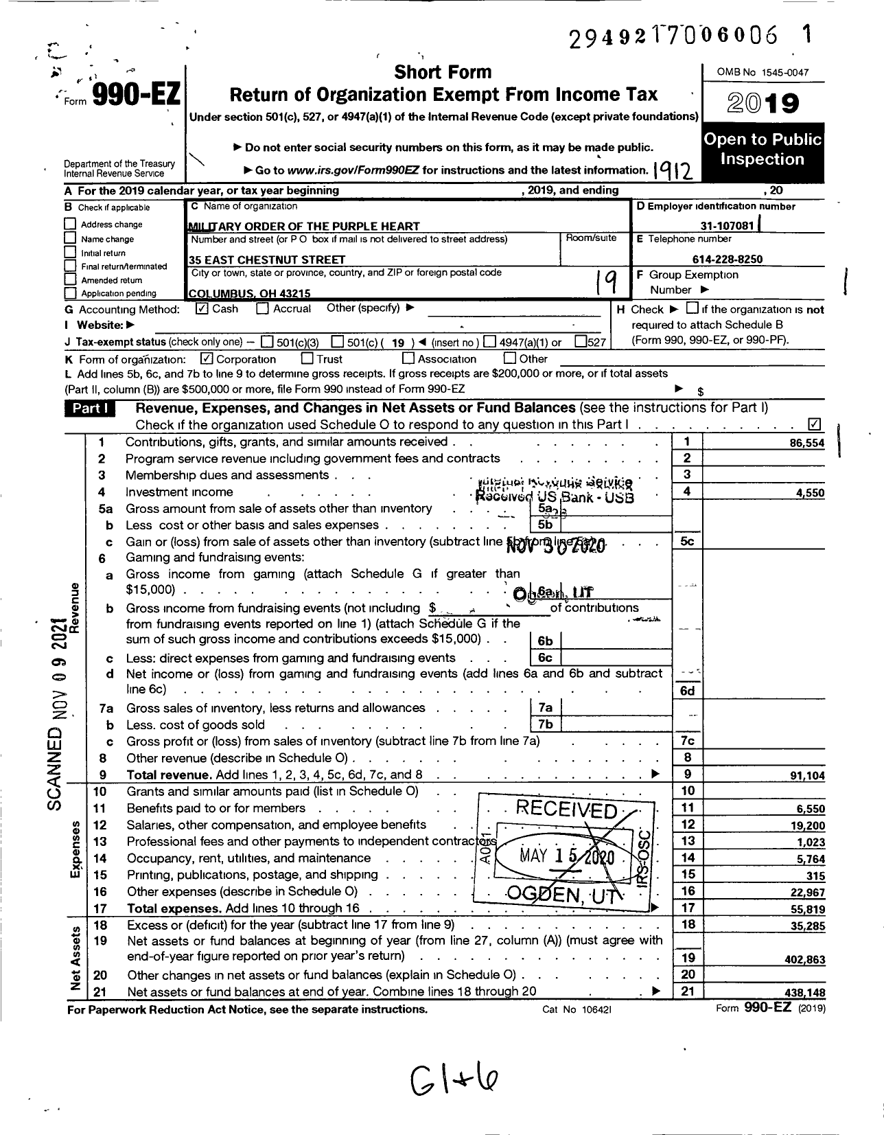 Image of first page of 2019 Form 990EO for Military Order of the Purple Heart - Department of Ohio