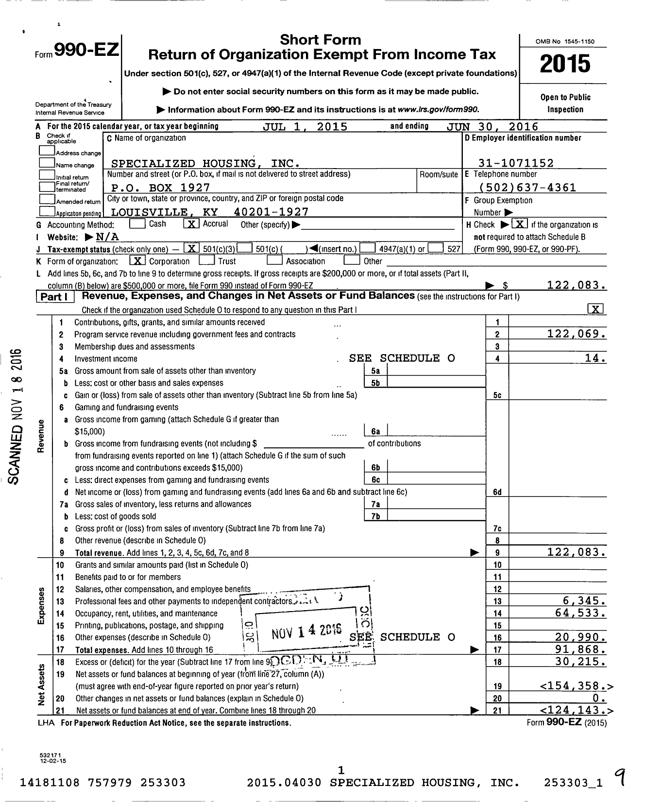 Image of first page of 2015 Form 990EZ for Specialized Housing