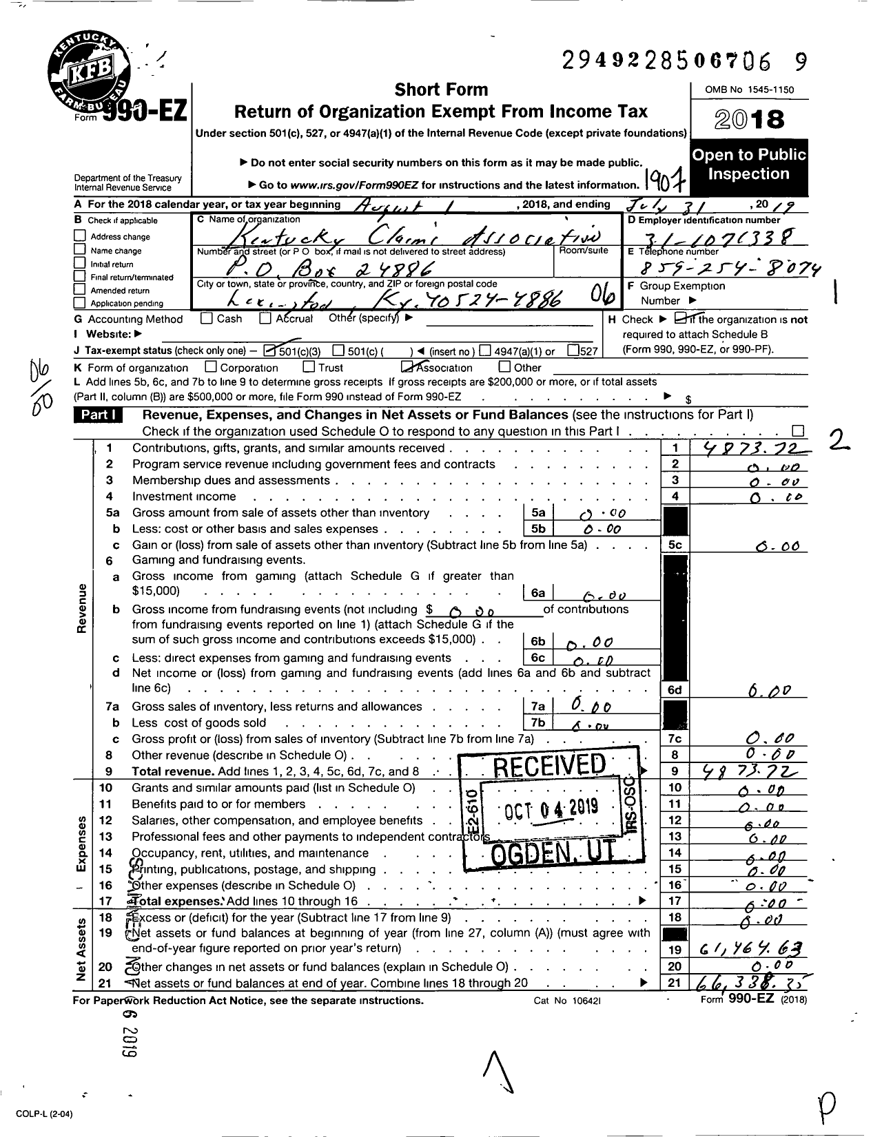 Image of first page of 2018 Form 990EO for Kentucky Claims Association