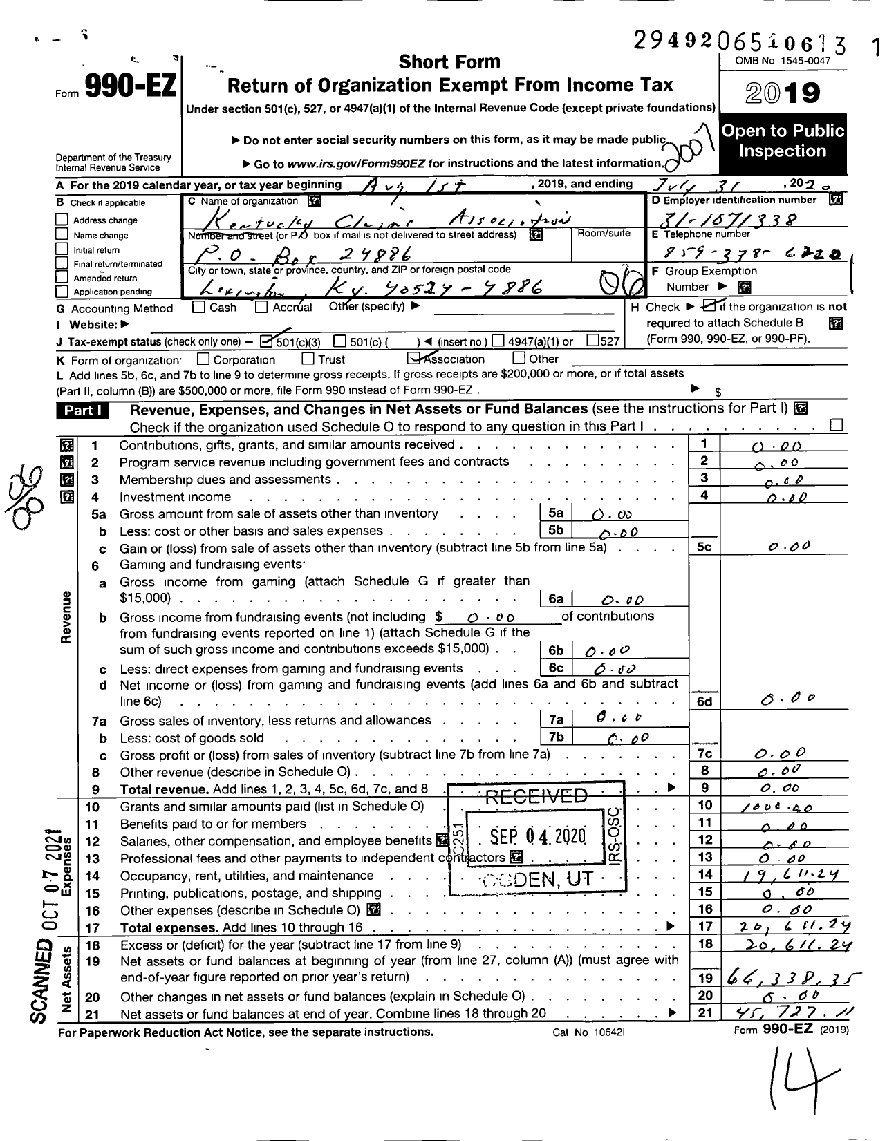 Image of first page of 2019 Form 990EO for Kentucky Claims Association