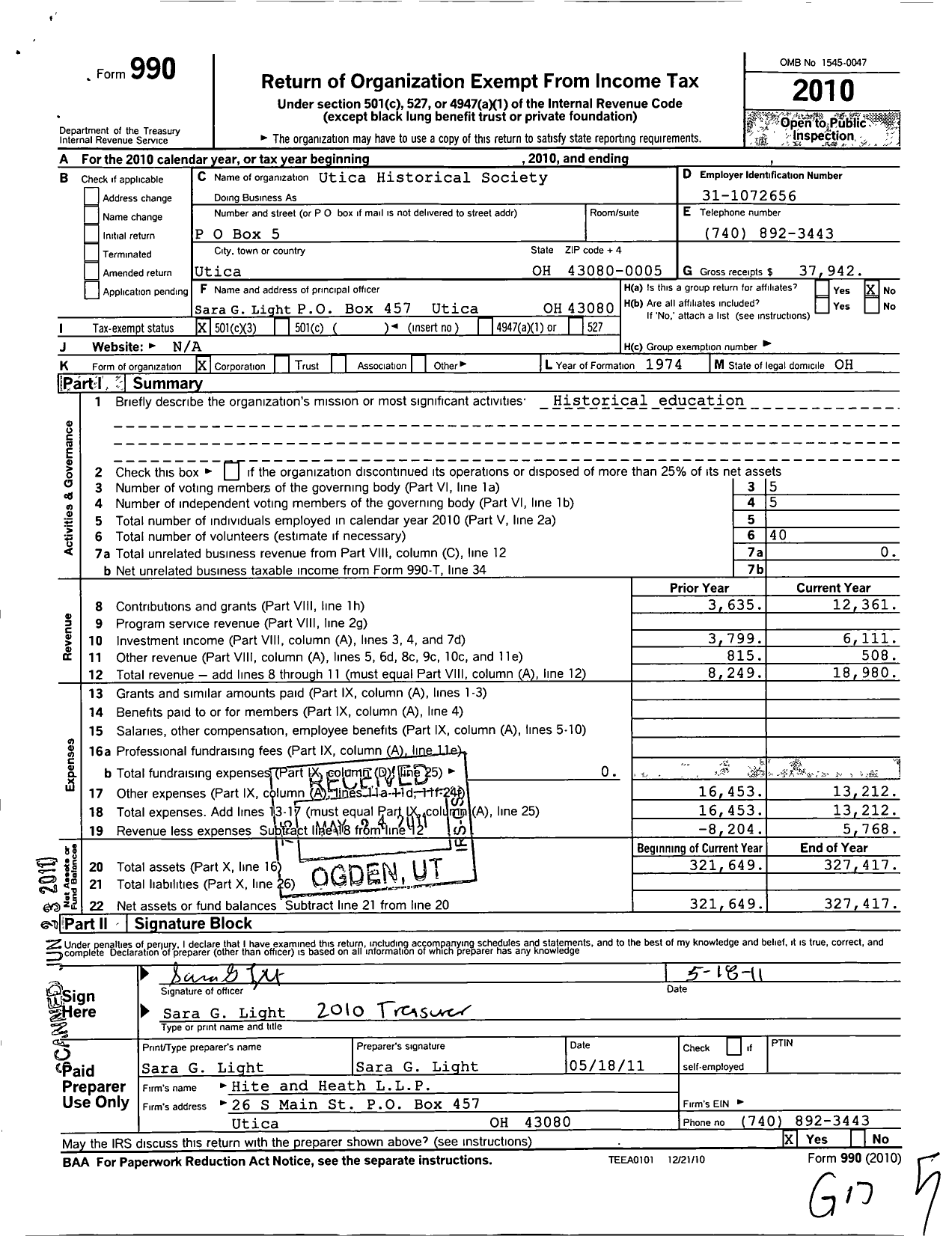 Image of first page of 2010 Form 990 for Utica Historical Society