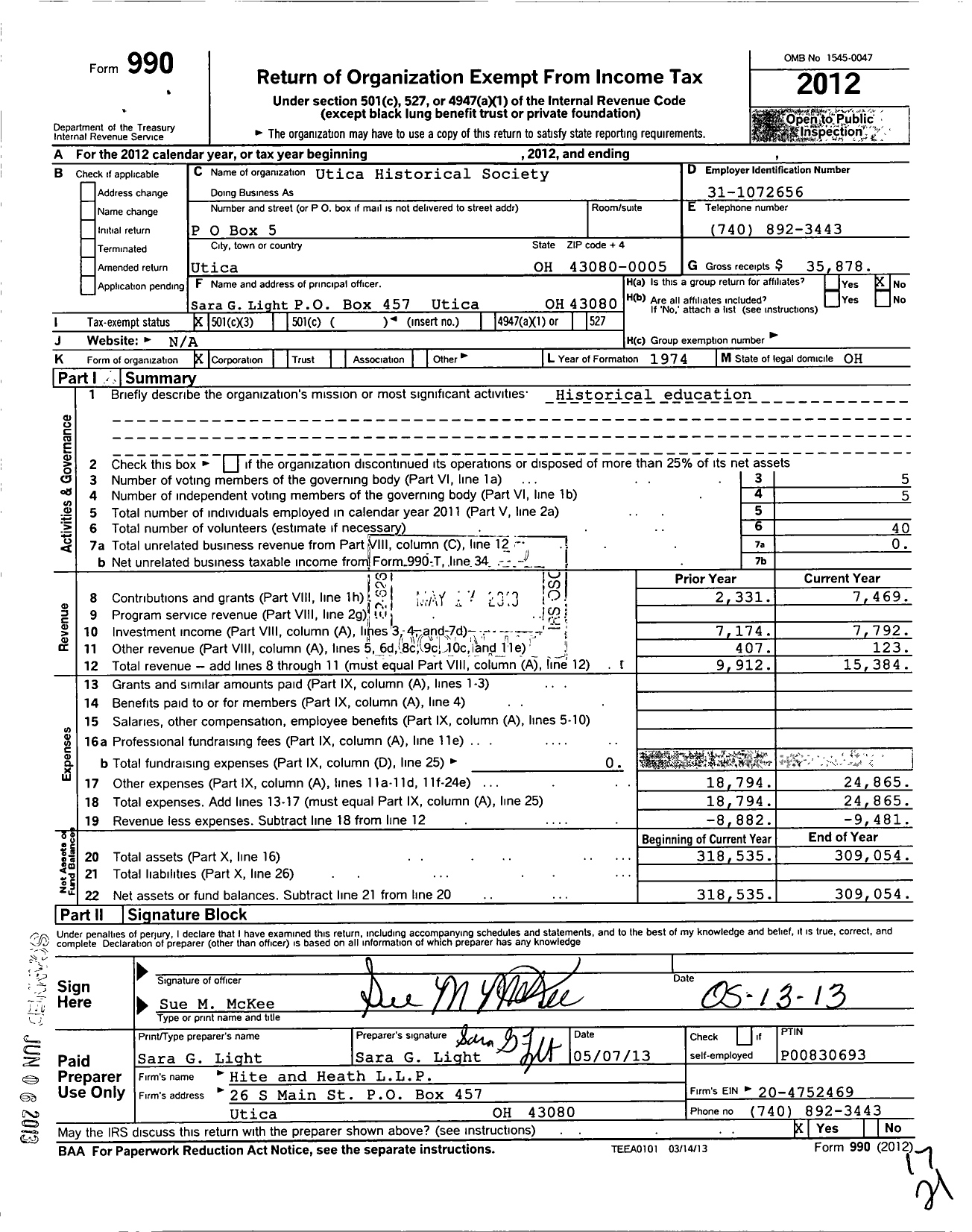 Image of first page of 2012 Form 990 for Utica Historical Society