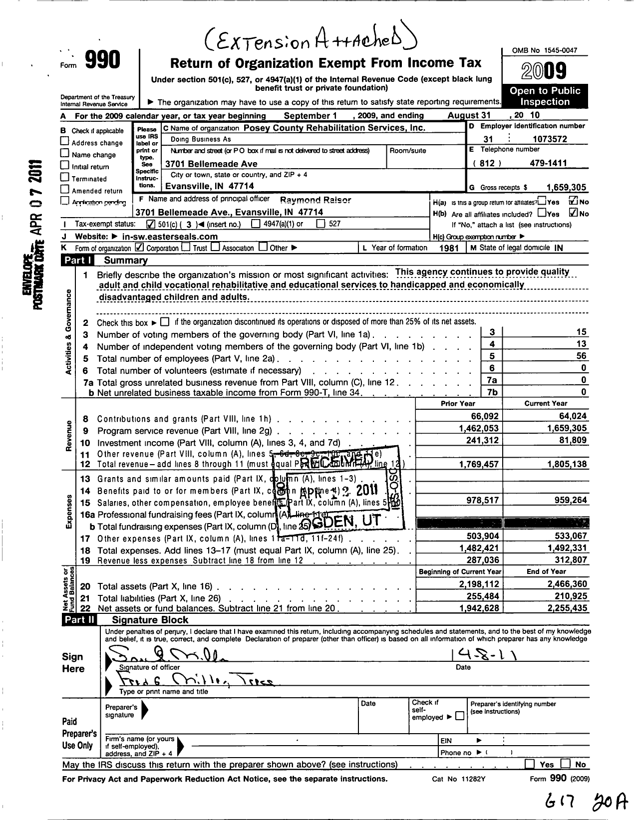 Image of first page of 2009 Form 990 for Posey County Rehabilitation Services