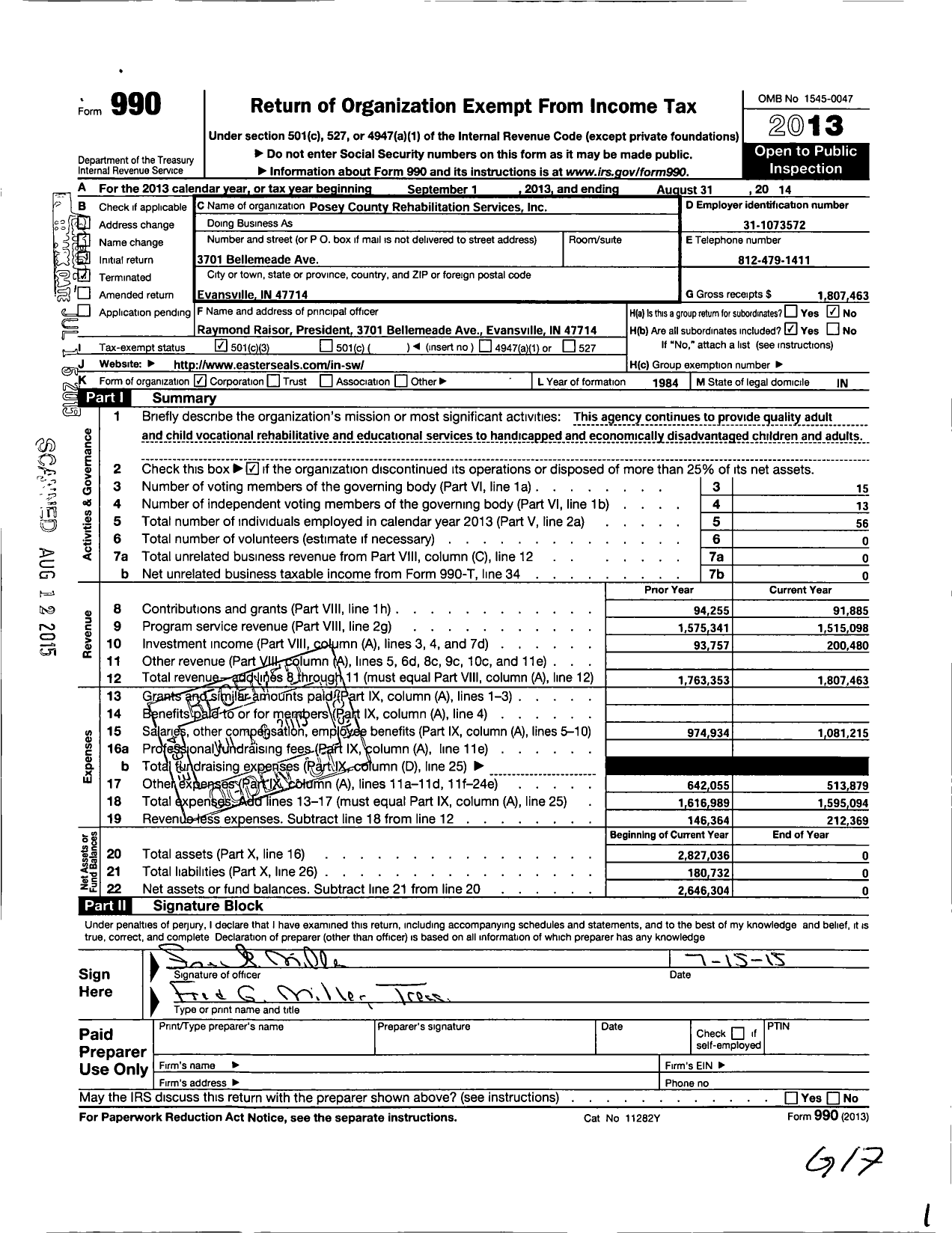 Image of first page of 2013 Form 990 for Posey County Rehabilitation Services